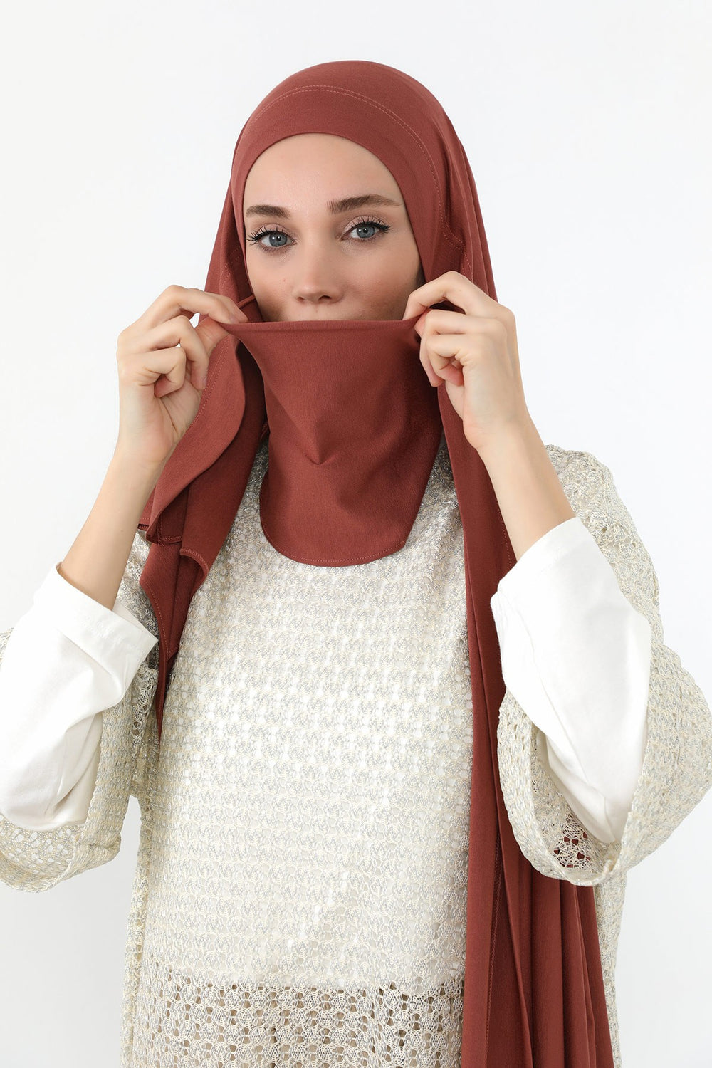 Neck-Covering Jersey Hijab with Built-In Niqab and Undercap, Premium Jersey Hijab with Integrated Bonnet and Face Veil,PS-58 Cinnamon