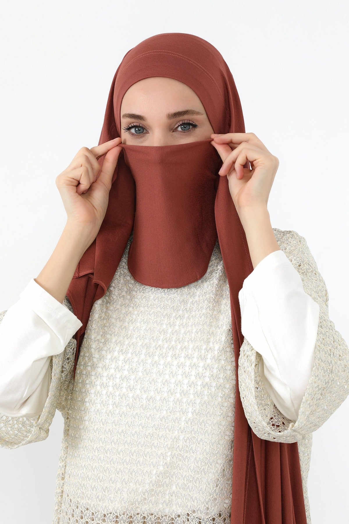 Neck-Covering Jersey Hijab with Built-In Niqab and Undercap, Premium Jersey Hijab with Integrated Bonnet and Face Veil,PS-58 Cinnamon