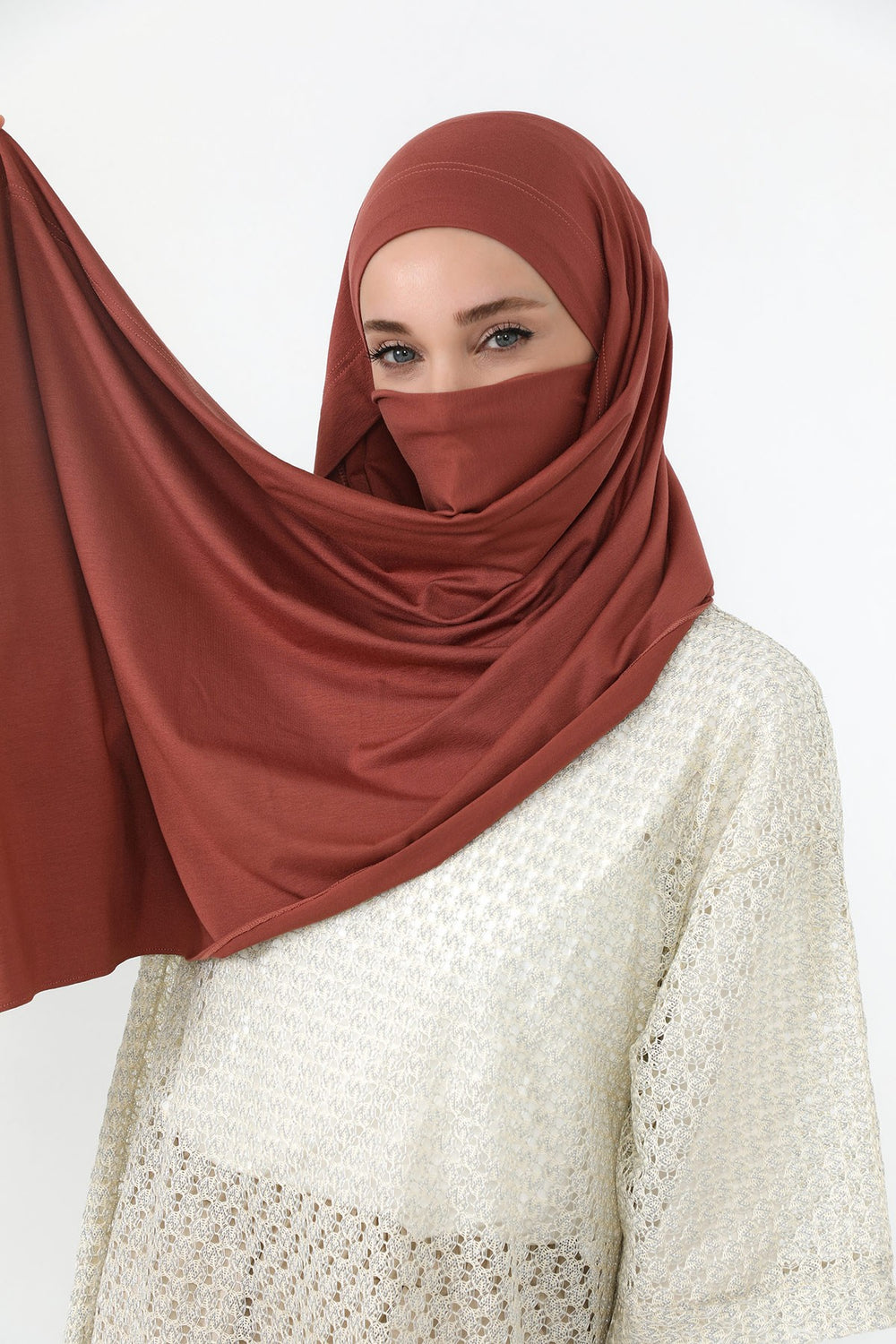 Neck-Covering Jersey Hijab with Built-In Niqab and Undercap, Premium Jersey Hijab with Integrated Bonnet and Face Veil,PS-58 Cinnamon