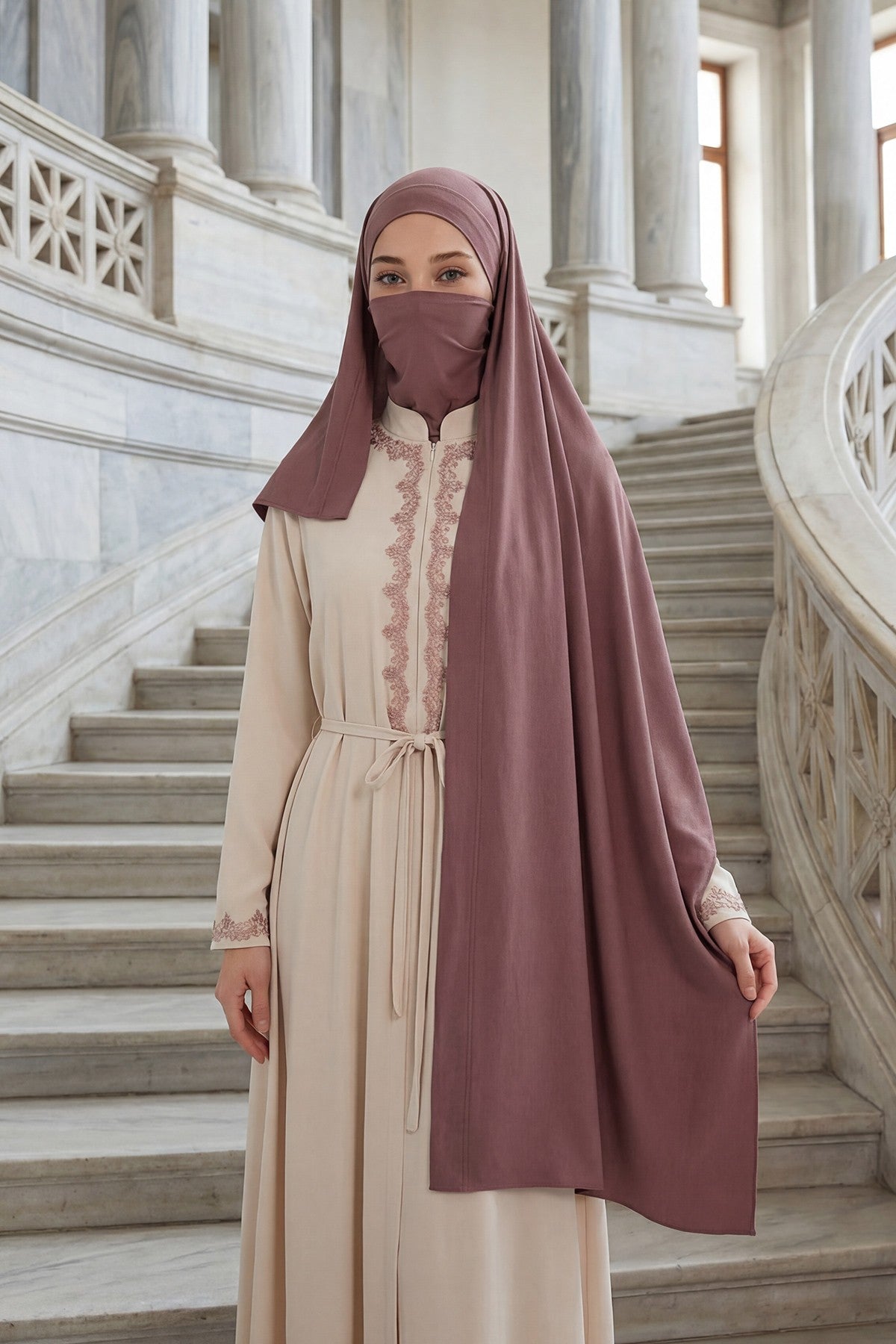 Neck-Covering Jersey Hijab with Built-In Niqab and Undercap, Premium Jersey Hijab with Integrated Bonnet and Face Veil,PS-58 Dusty Rose