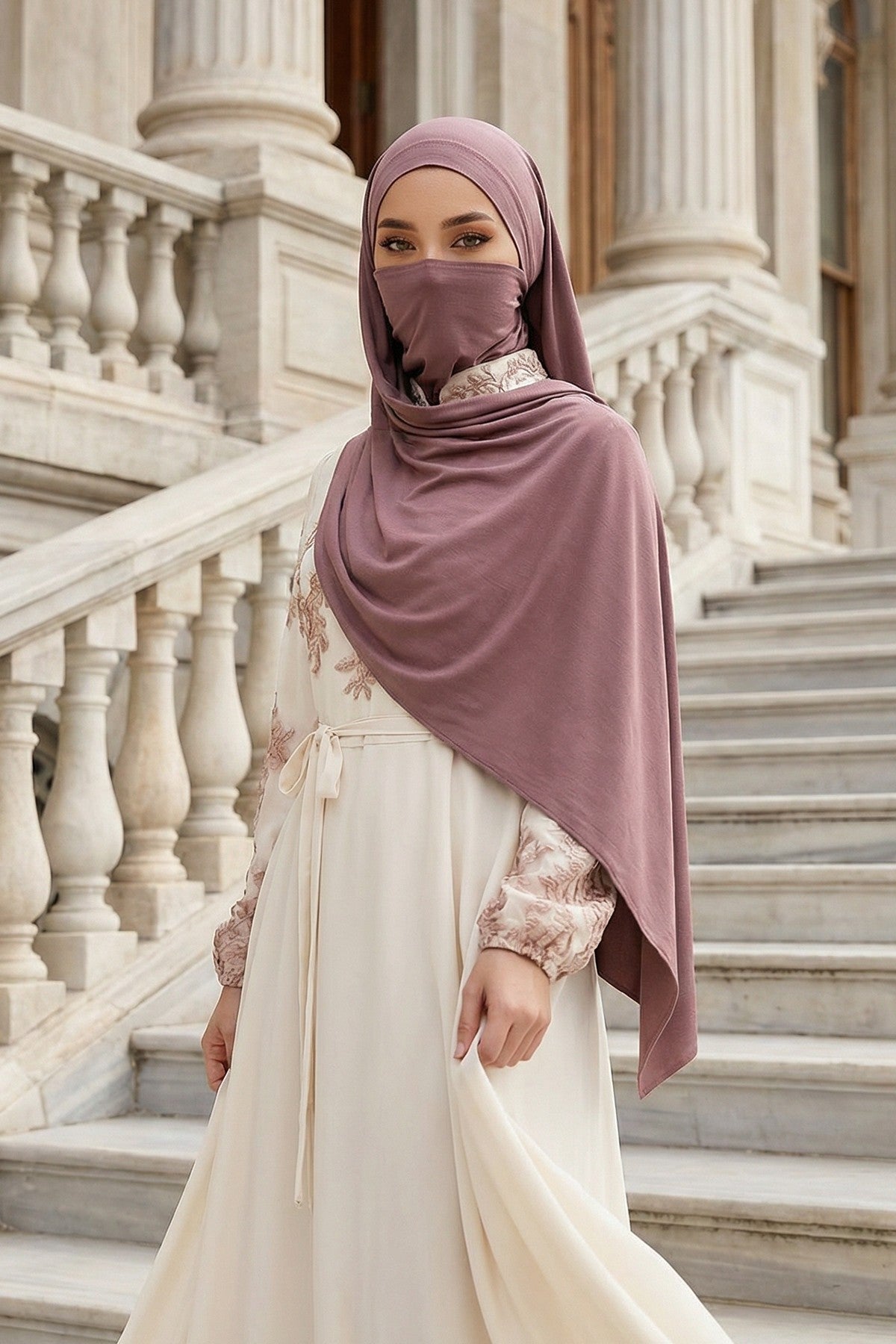 Neck-Covering Jersey Hijab with Built-In Niqab and Undercap, Premium Jersey Hijab with Integrated Bonnet and Face Veil,PS-58 Dusty Rose