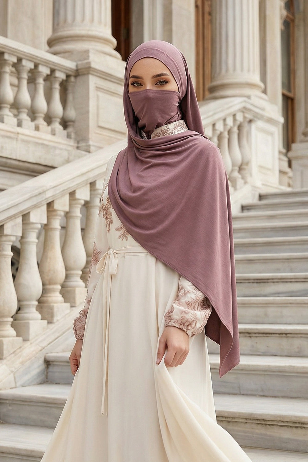 Neck-Covering Jersey Hijab with Built-In Niqab and Undercap, Premium Jersey Hijab with Integrated Bonnet and Face Veil,PS-58 Dusty Rose