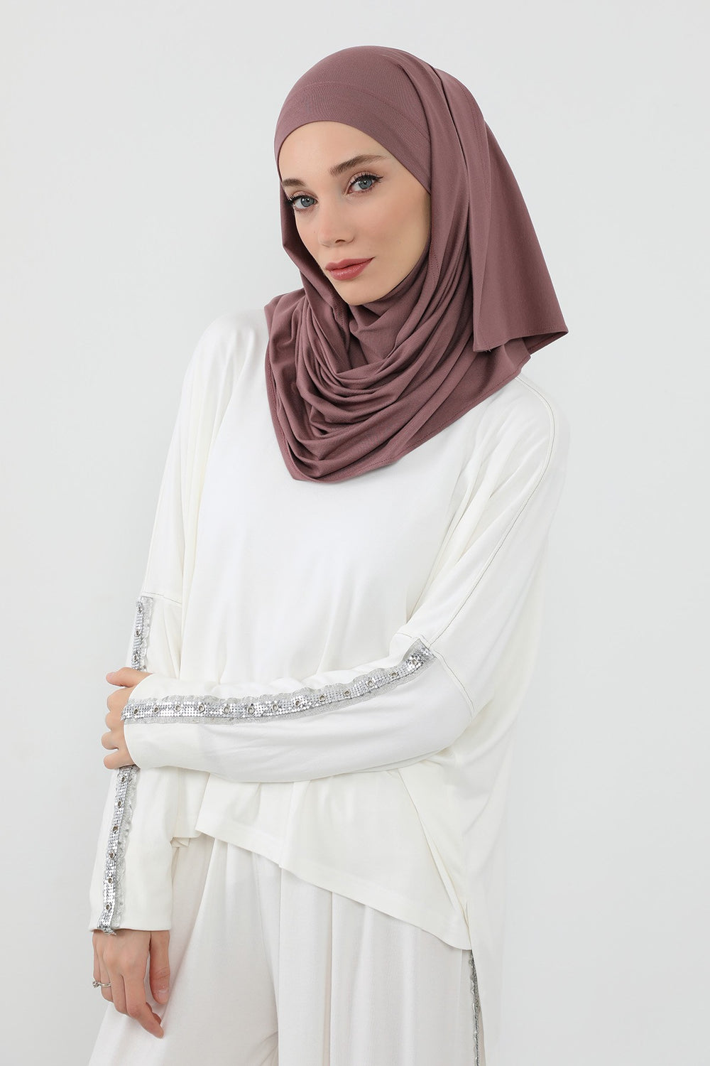 Neck-Covering Jersey Hijab with Built-In Niqab and Undercap, Premium Jersey Hijab with Integrated Bonnet and Face Veil,PS-58 Dusty Rose