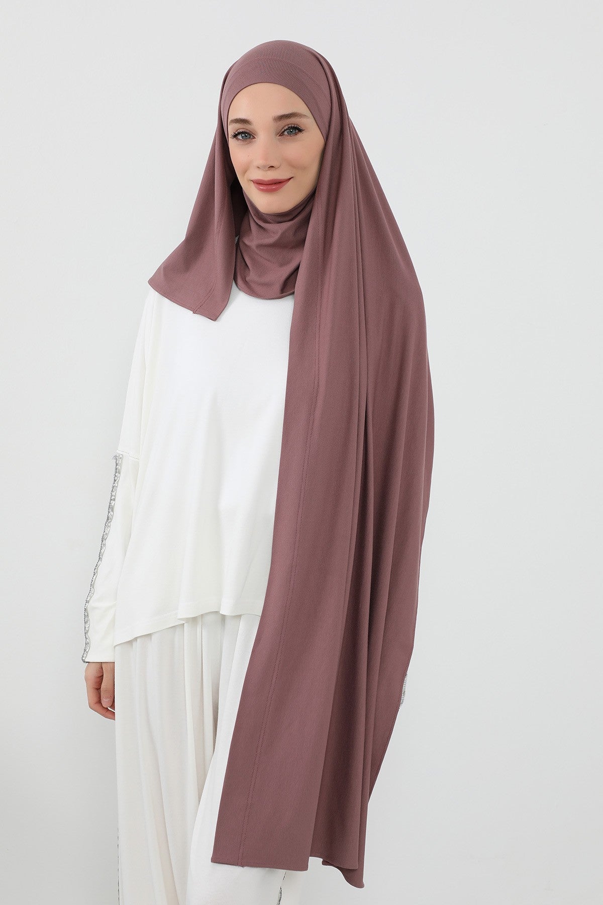 Neck-Covering Jersey Hijab with Built-In Niqab and Undercap, Premium Jersey Hijab with Integrated Bonnet and Face Veil,PS-58 Dusty Rose