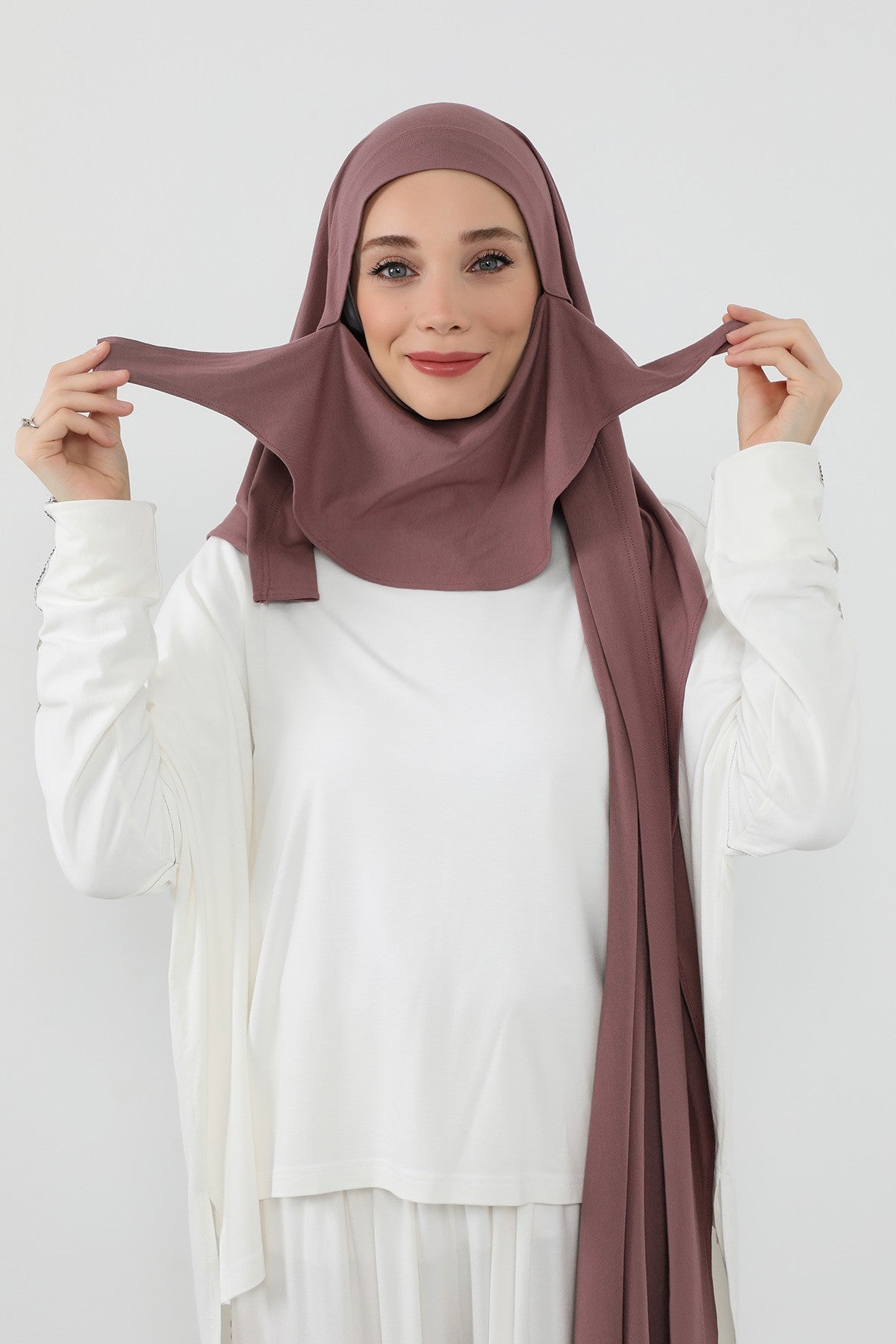 Neck-Covering Jersey Hijab with Built-In Niqab and Undercap, Premium Jersey Hijab with Integrated Bonnet and Face Veil,PS-58 Dusty Rose