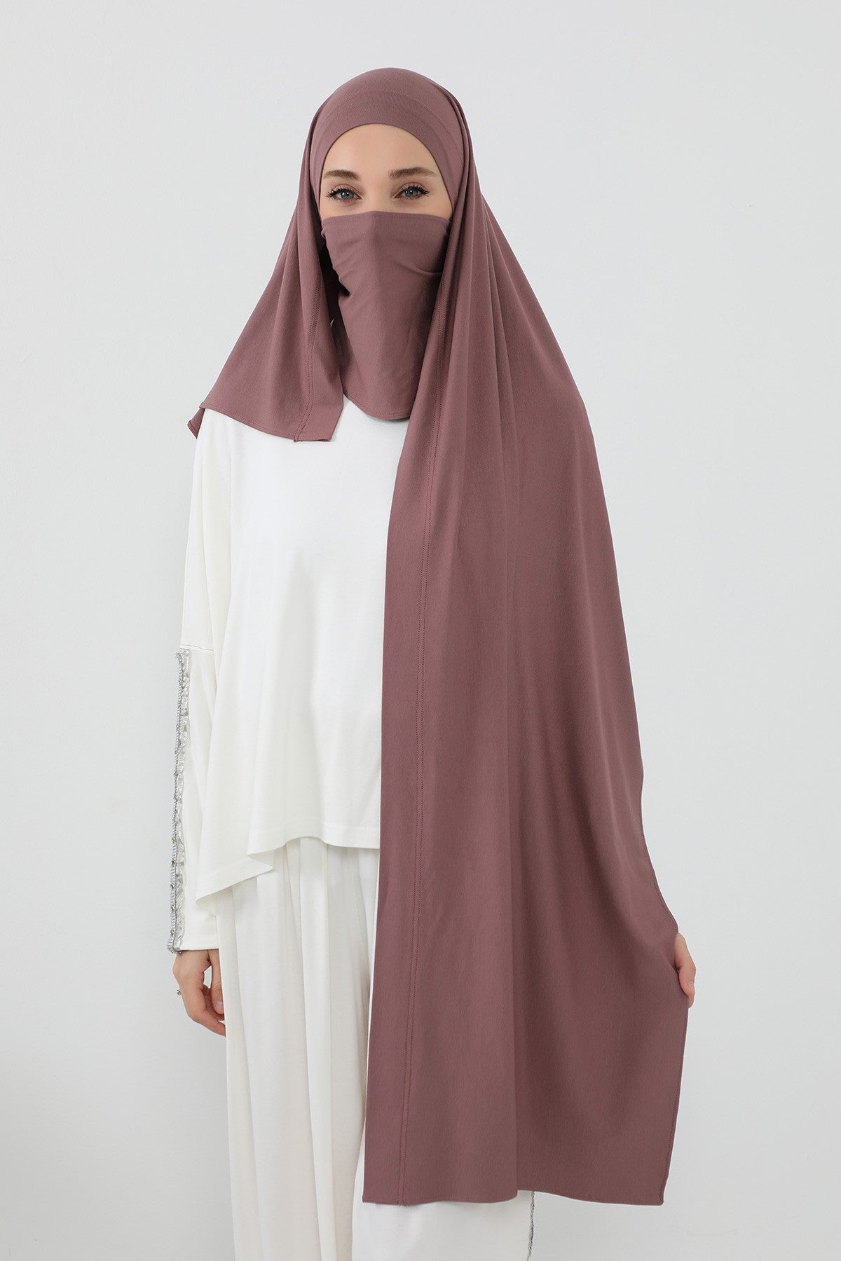 Neck-Covering Jersey Hijab with Built-In Niqab and Undercap, Premium Jersey Hijab with Integrated Bonnet and Face Veil,PS-58 Dusty Rose