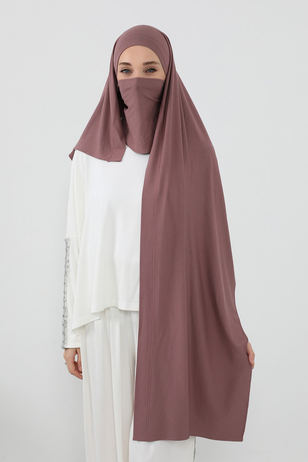 Neck-Covering Jersey Hijab with Built-In Niqab and Undercap, Premium Jersey Hijab with Integrated Bonnet and Face Veil,PS-58 Dusty Rose