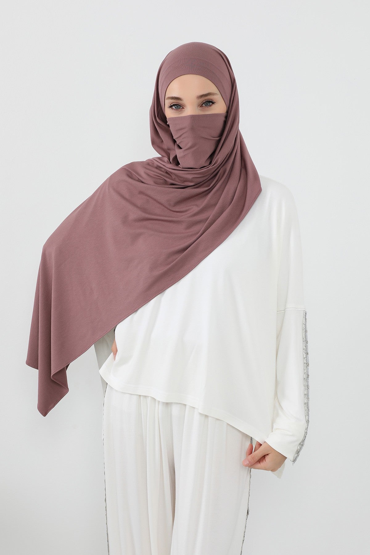 Neck-Covering Jersey Hijab with Built-In Niqab and Undercap, Premium Jersey Hijab with Integrated Bonnet and Face Veil,PS-58 Dusty Rose