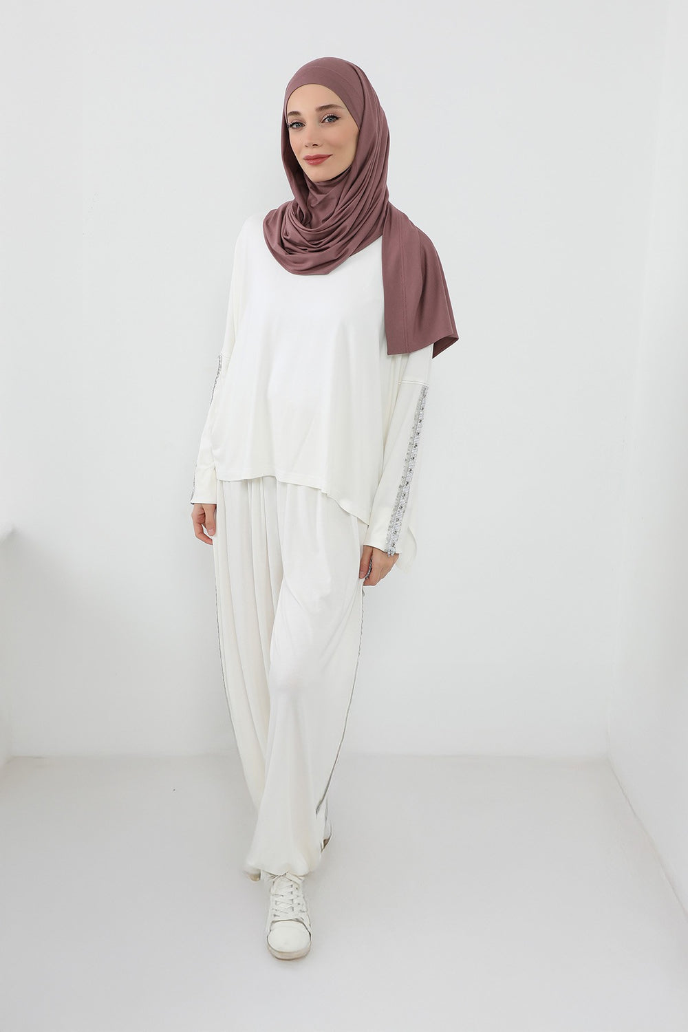 Neck-Covering Jersey Hijab with Built-In Niqab and Undercap, Premium Jersey Hijab with Integrated Bonnet and Face Veil,PS-58 Dusty Rose