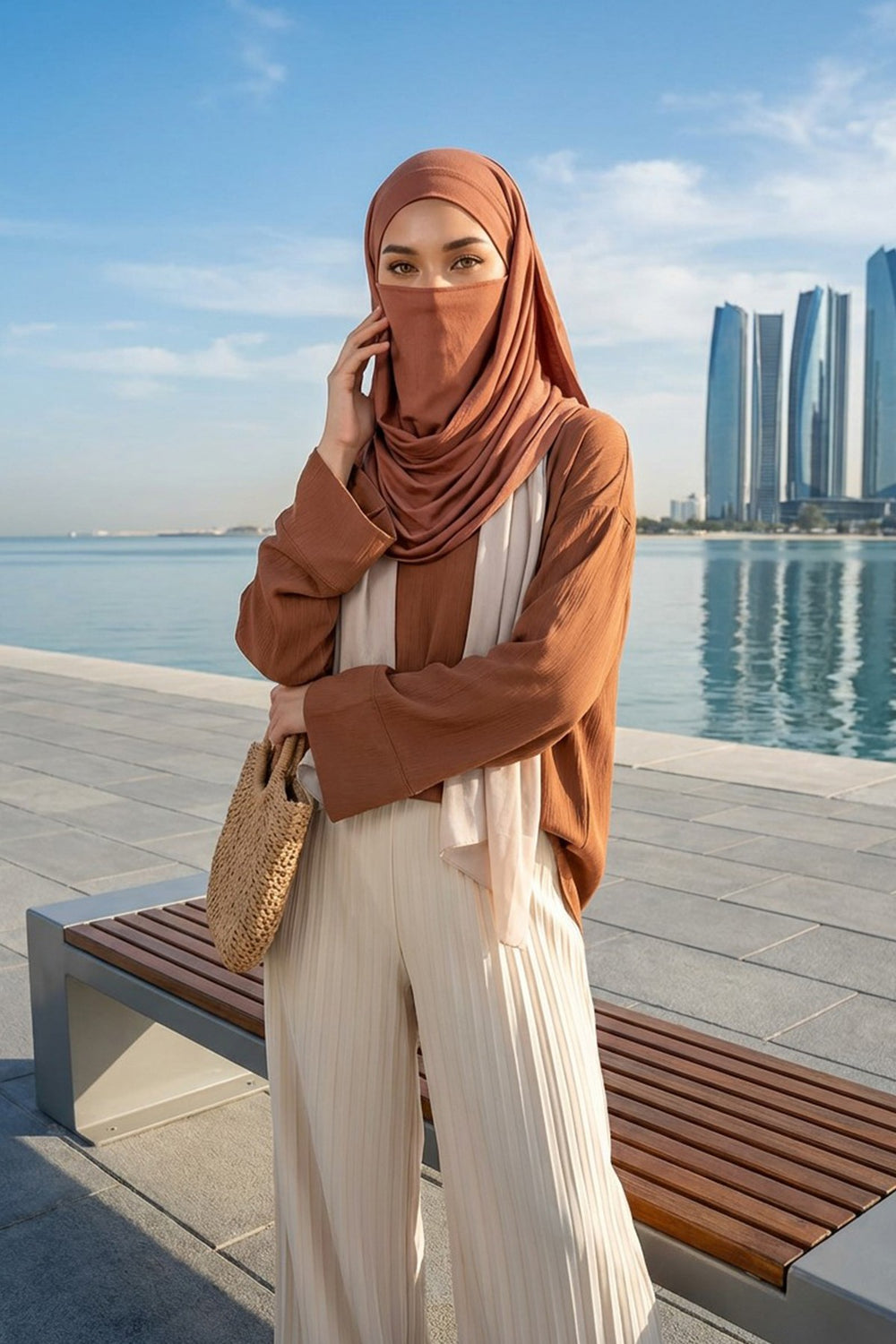 Neck-Covering Jersey Hijab with Built-In Niqab and Undercap, Premium Jersey Hijab with Integrated Bonnet and Face Veil,PS-58 Cappucino