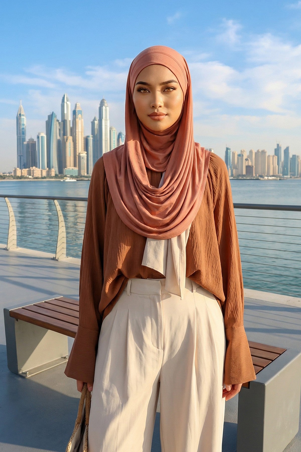 Neck-Covering Jersey Hijab with Built-In Niqab and Undercap, Premium Jersey Hijab with Integrated Bonnet and Face Veil,PS-58 Cappucino