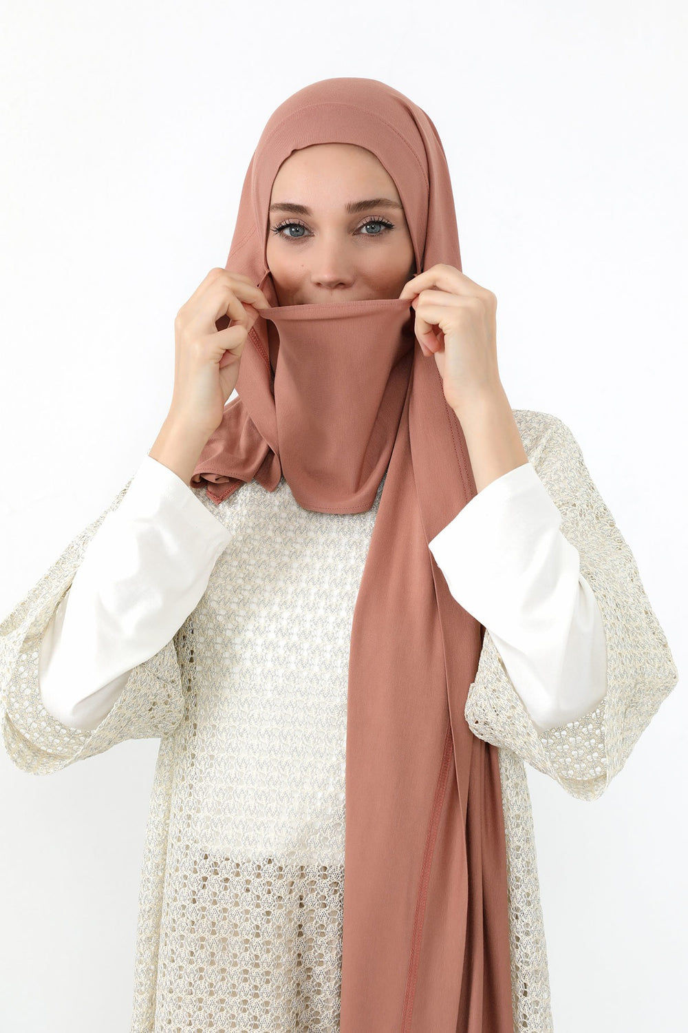 Neck-Covering Jersey Hijab with Built-In Niqab and Undercap, Premium Jersey Hijab with Integrated Bonnet and Face Veil,PS-58 Cappucino
