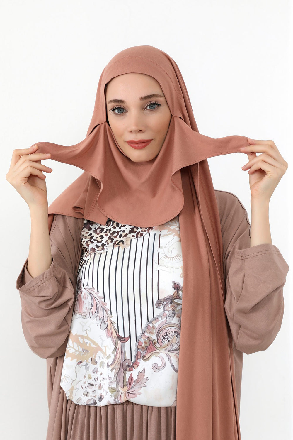 Neck-Covering Jersey Hijab with Built-In Niqab and Undercap, Premium Jersey Hijab with Integrated Bonnet and Face Veil,PS-58 Cappucino