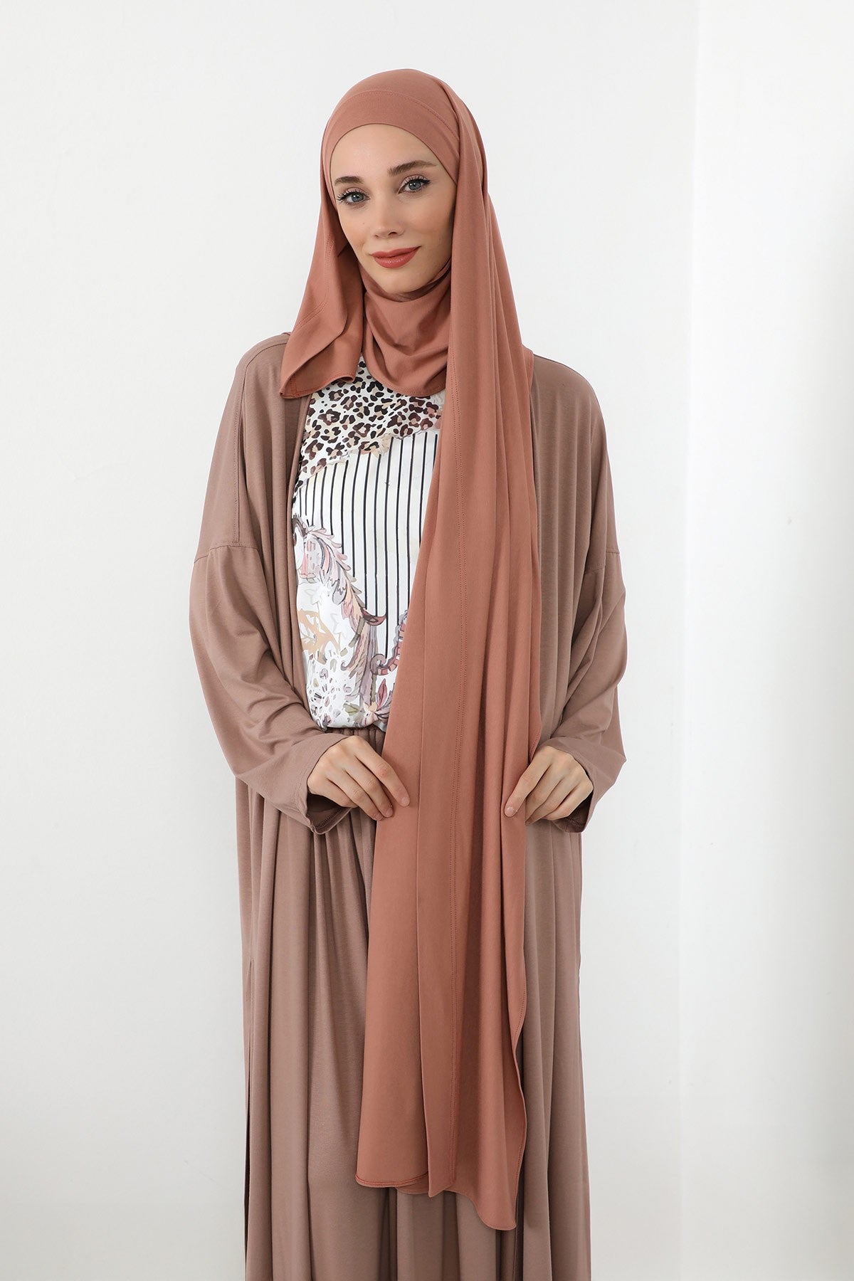 Neck-Covering Jersey Hijab with Built-In Niqab and Undercap, Premium Jersey Hijab with Integrated Bonnet and Face Veil,PS-58 Cappucino