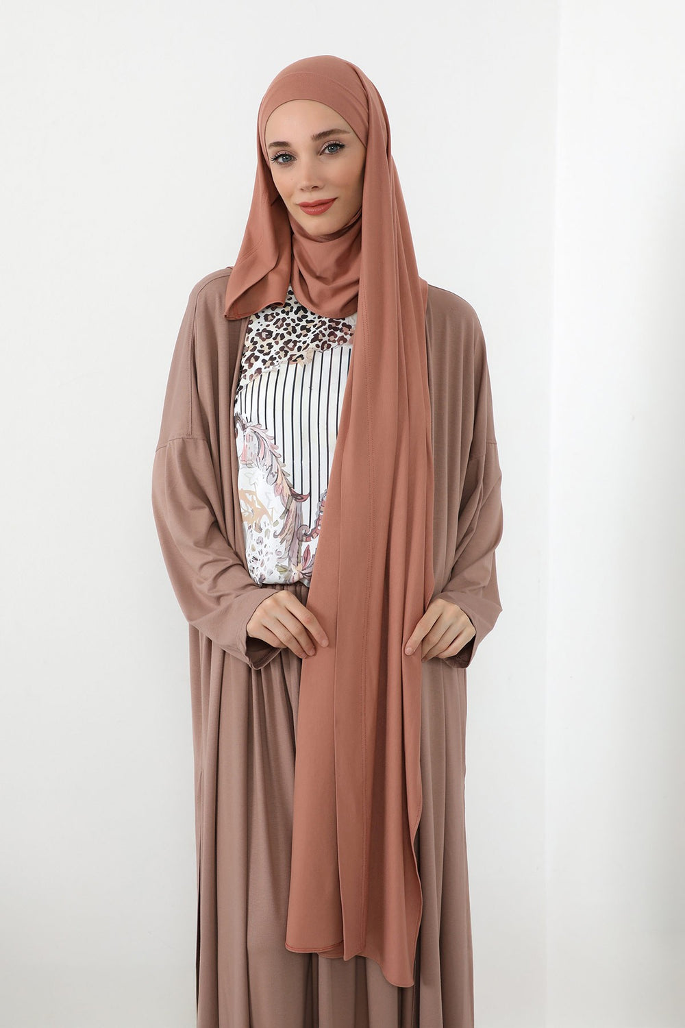 Neck-Covering Jersey Hijab with Built-In Niqab and Undercap, Premium Jersey Hijab with Integrated Bonnet and Face Veil,PS-58 Cappucino