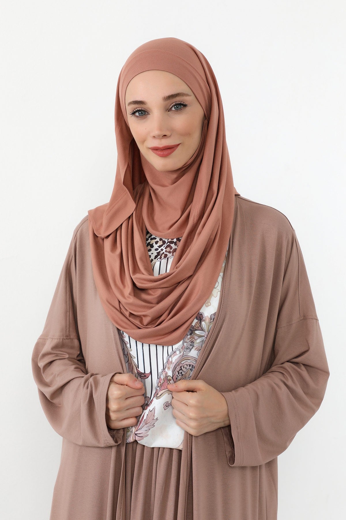 Neck-Covering Jersey Hijab with Built-In Niqab and Undercap, Premium Jersey Hijab with Integrated Bonnet and Face Veil,PS-58 Cappucino