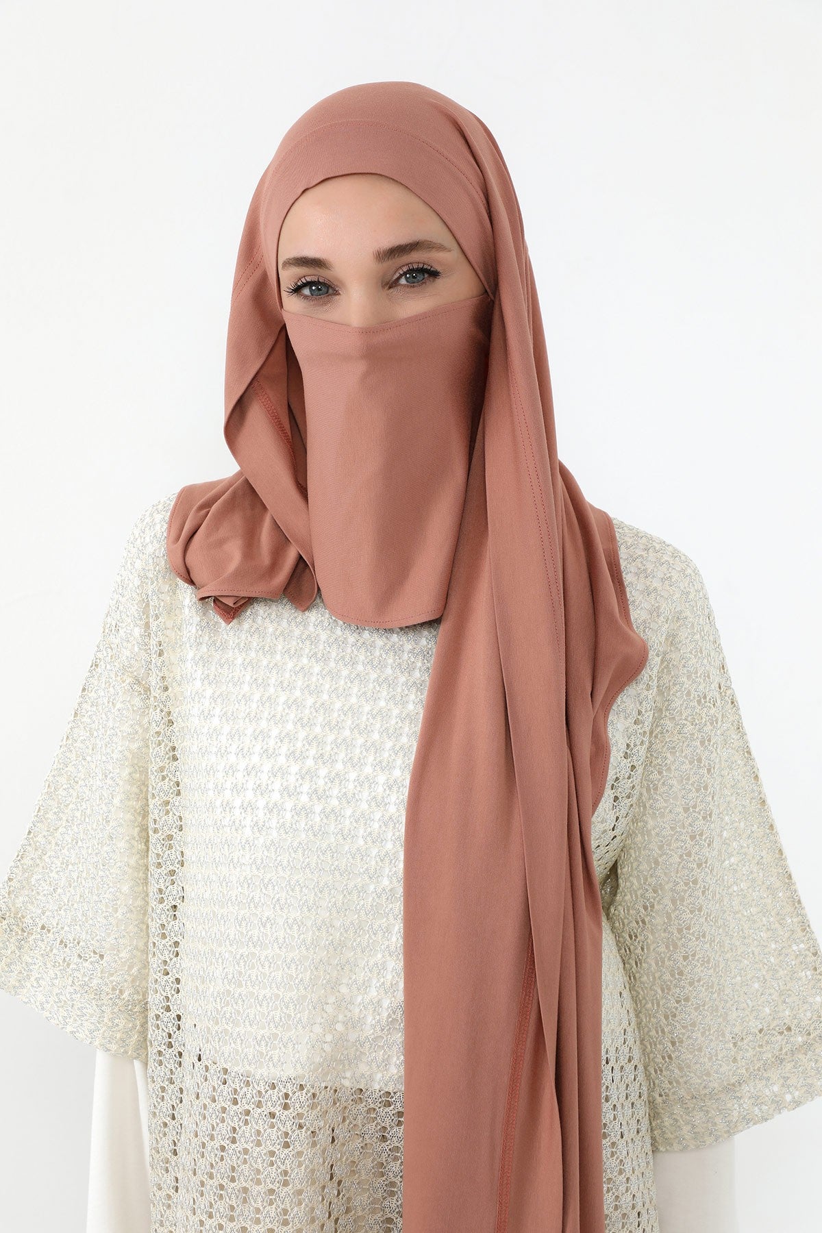 Neck-Covering Jersey Hijab with Built-In Niqab and Undercap, Premium Jersey Hijab with Integrated Bonnet and Face Veil,PS-58 Cappucino