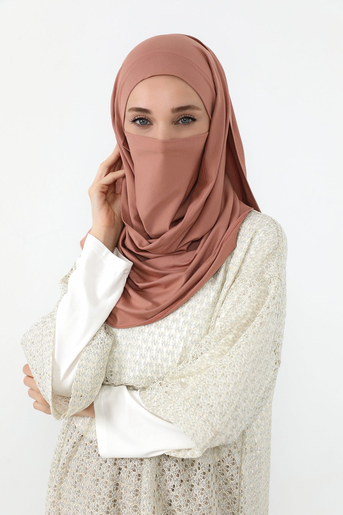 Neck-Covering Jersey Hijab with Built-In Niqab and Undercap, Premium Jersey Hijab with Integrated Bonnet and Face Veil,PS-58 Cappucino