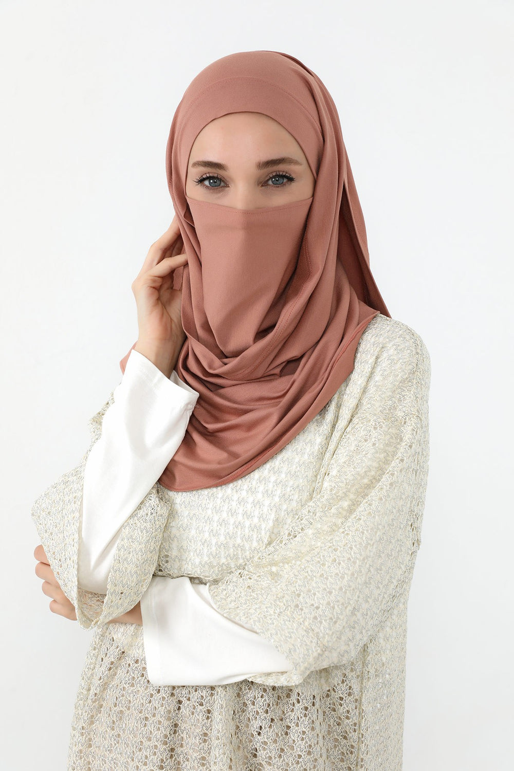 Neck-Covering Jersey Hijab with Built-In Niqab and Undercap, Premium Jersey Hijab with Integrated Bonnet and Face Veil,PS-58 Cappucino