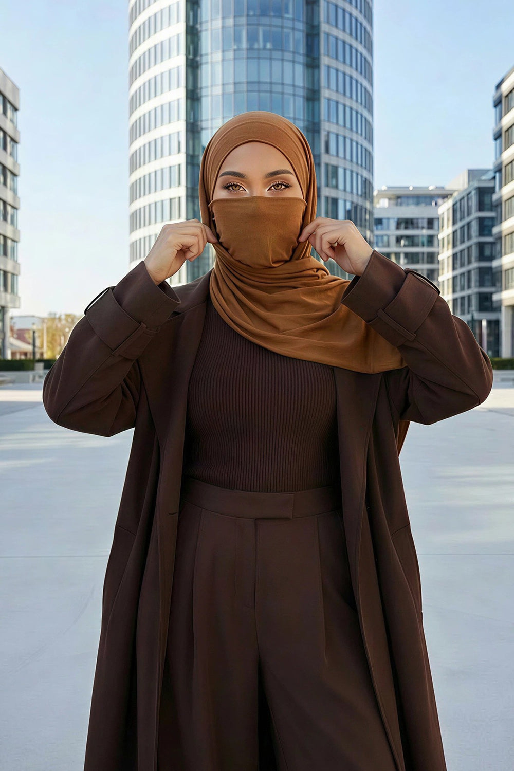 Neck-Covering Jersey Hijab with Built-In Niqab and Undercap, Premium Jersey Hijab with Integrated Bonnet and Face Veil,PS-58 Dark Mustard