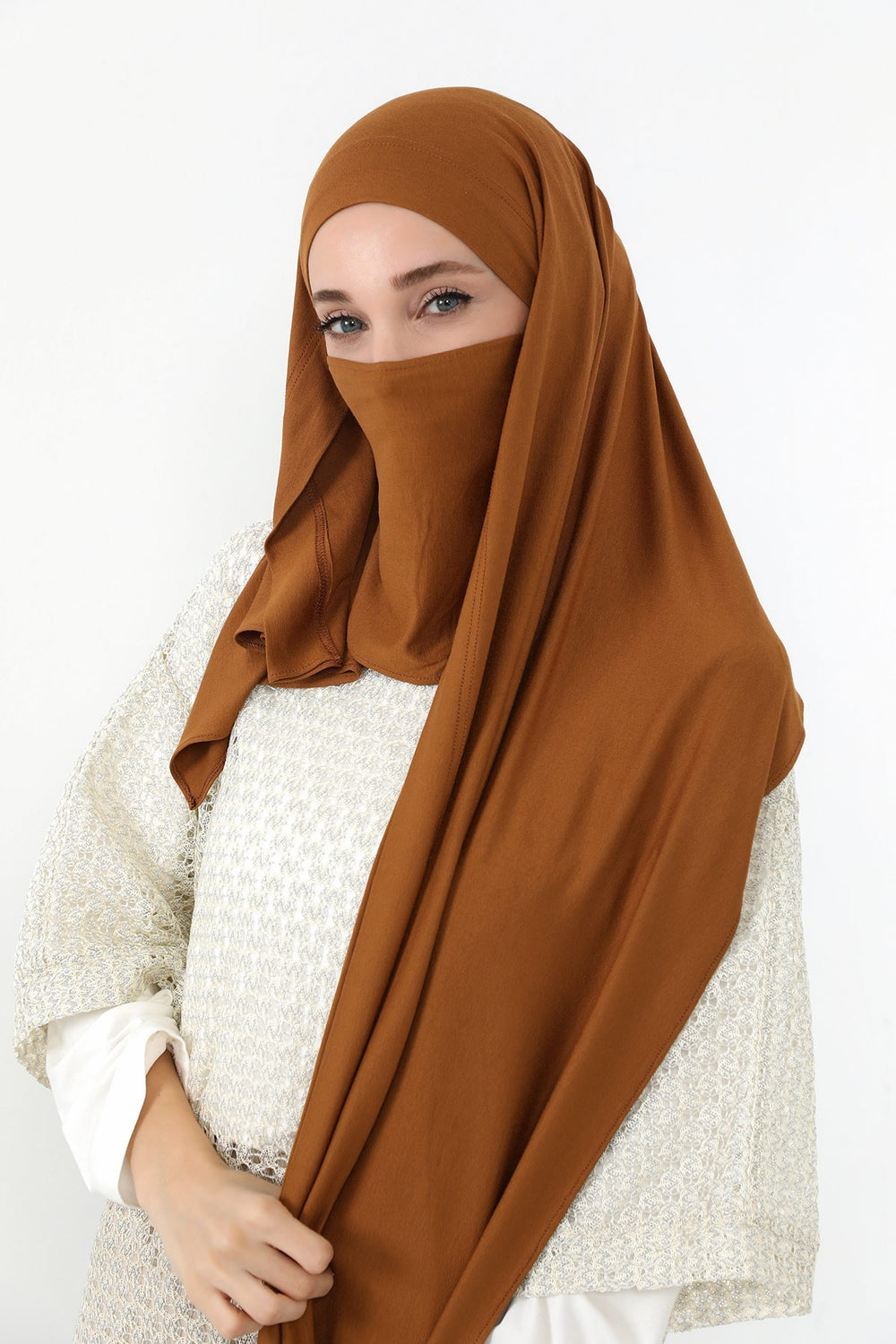 Neck-Covering Jersey Hijab with Built-In Niqab and Undercap, Premium Jersey Hijab with Integrated Bonnet and Face Veil,PS-58 Dark Mustard