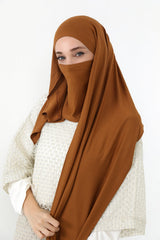 Neck-Covering Jersey Hijab with Built-In Niqab and Undercap, Premium Jersey Hijab with Integrated Bonnet and Face Veil,PS-58 Dark Mustard