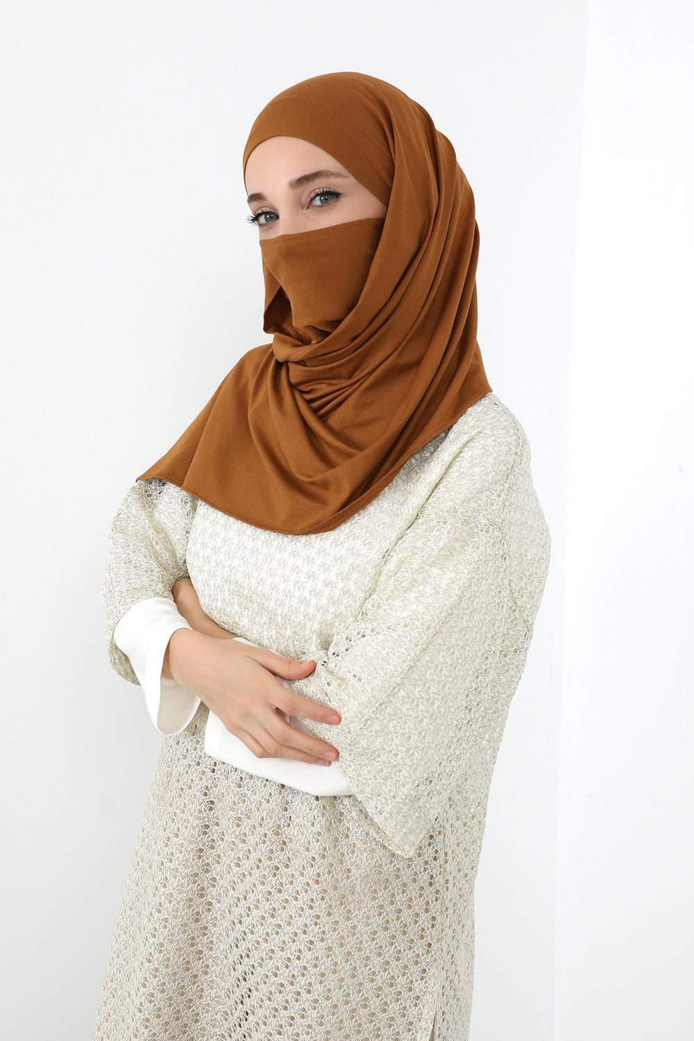 Neck-Covering Jersey Hijab with Built-In Niqab and Undercap, Premium Jersey Hijab with Integrated Bonnet and Face Veil,PS-58 Dark Mustard