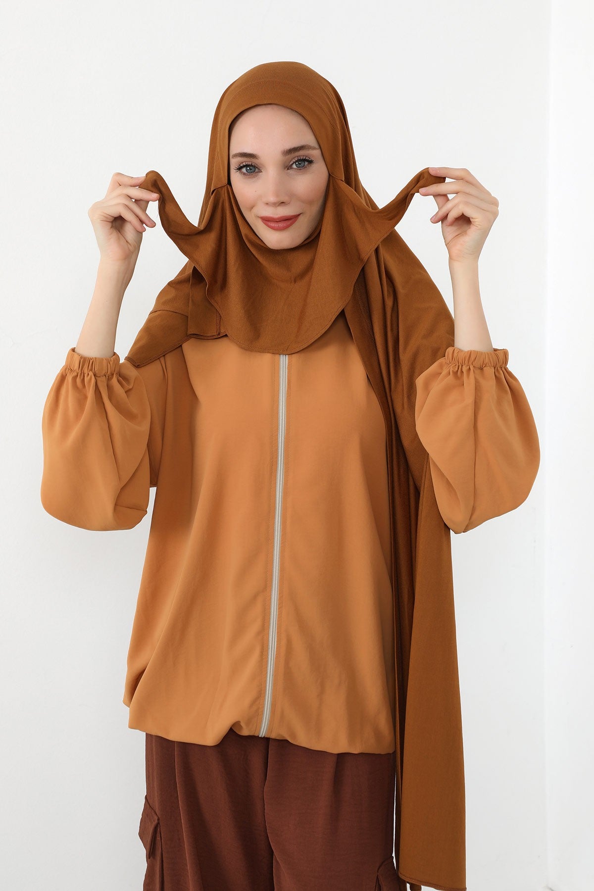 Neck-Covering Jersey Hijab with Built-In Niqab and Undercap, Premium Jersey Hijab with Integrated Bonnet and Face Veil,PS-58 Dark Mustard