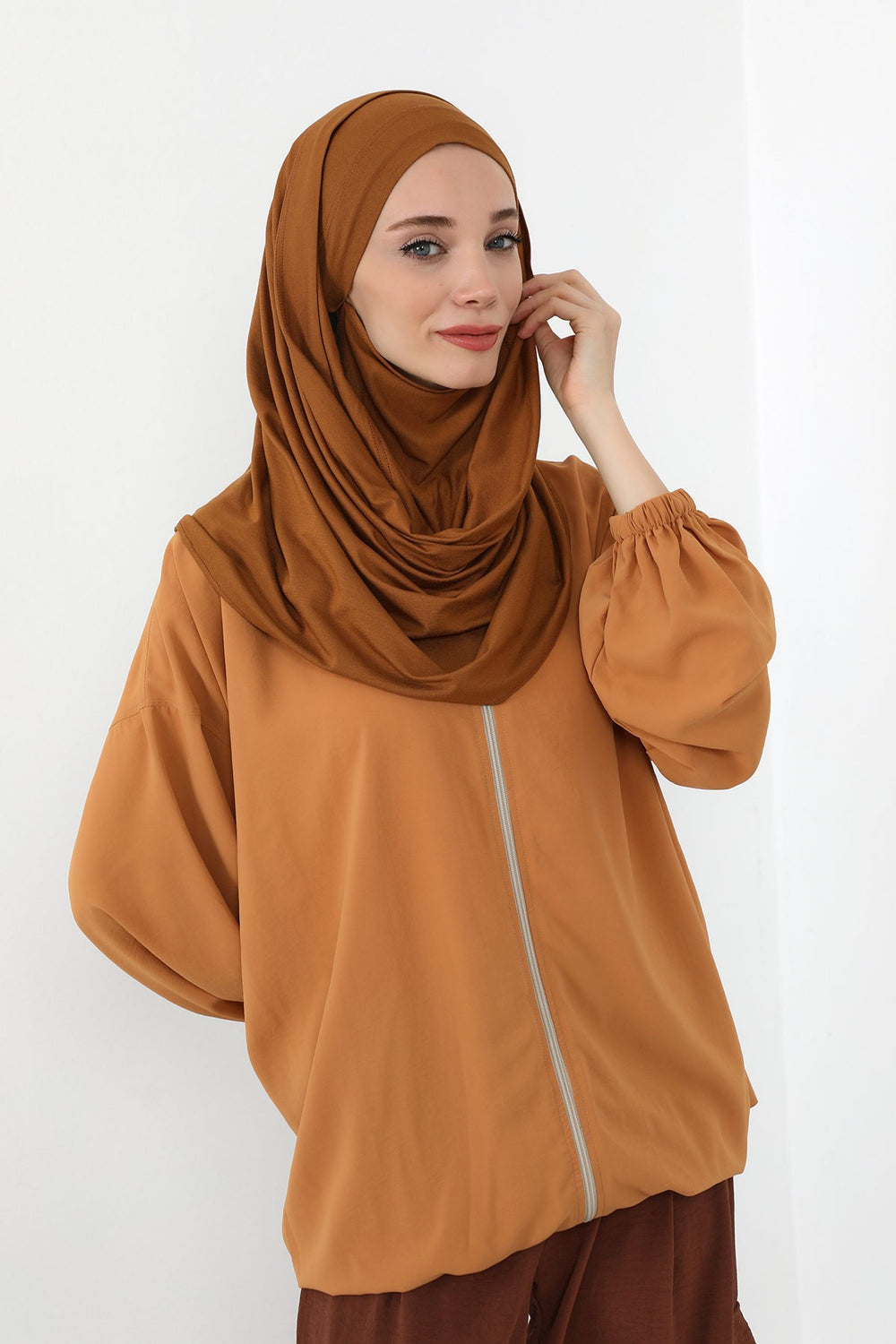 Neck-Covering Jersey Hijab with Built-In Niqab and Undercap, Premium Jersey Hijab with Integrated Bonnet and Face Veil,PS-58 Dark Mustard