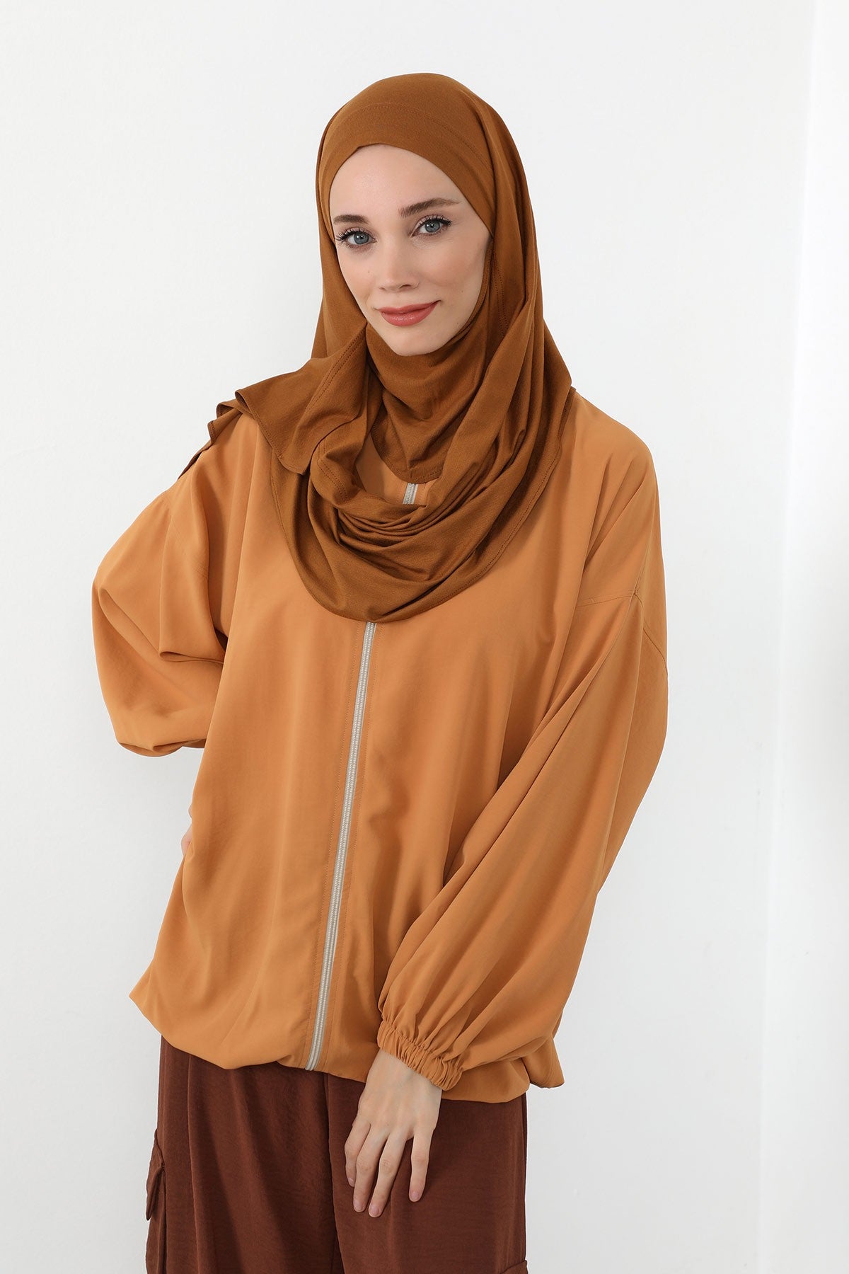 Neck-Covering Jersey Hijab with Built-In Niqab and Undercap, Premium Jersey Hijab with Integrated Bonnet and Face Veil,PS-58 Dark Mustard