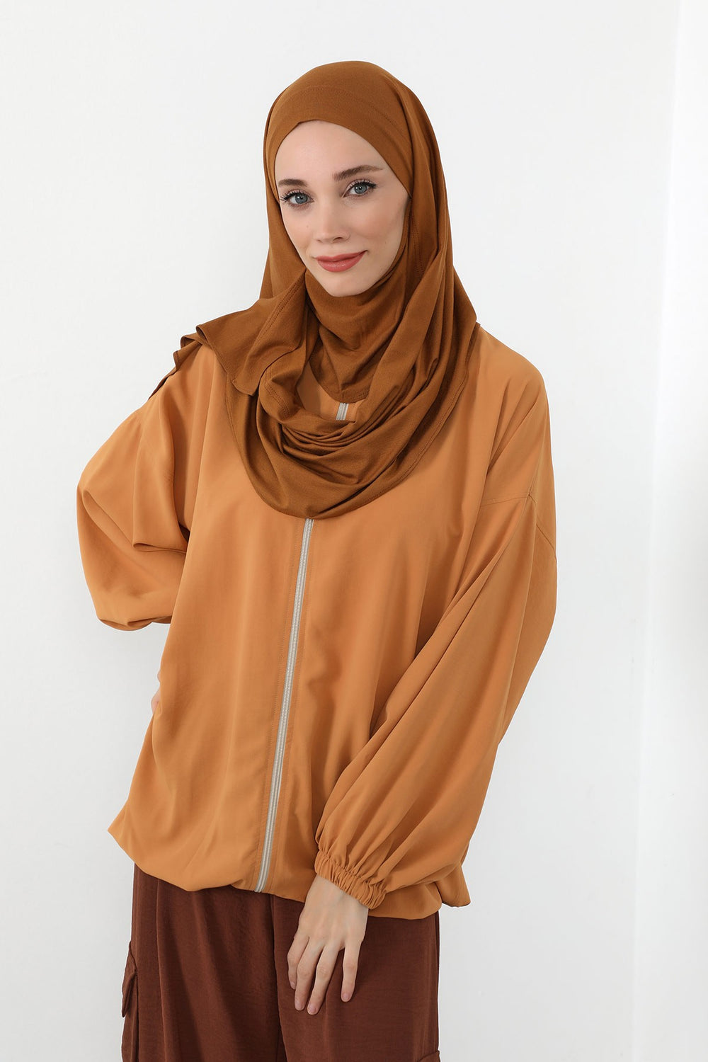 Neck-Covering Jersey Hijab with Built-In Niqab and Undercap, Premium Jersey Hijab with Integrated Bonnet and Face Veil,PS-58 Dark Mustard