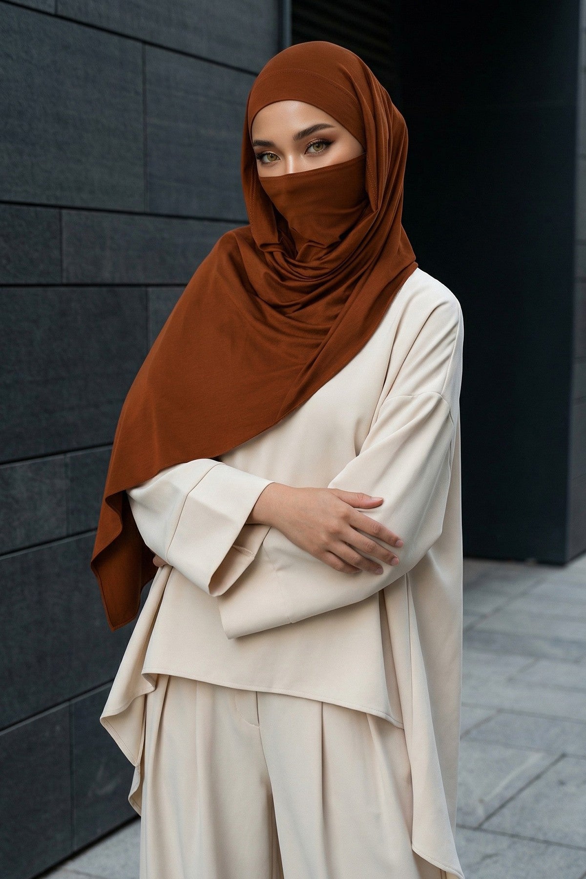 Neck-Covering Jersey Hijab with Built-In Niqab and Undercap, Premium Jersey Hijab with Integrated Bonnet and Face Veil,PS-58 Tile Red