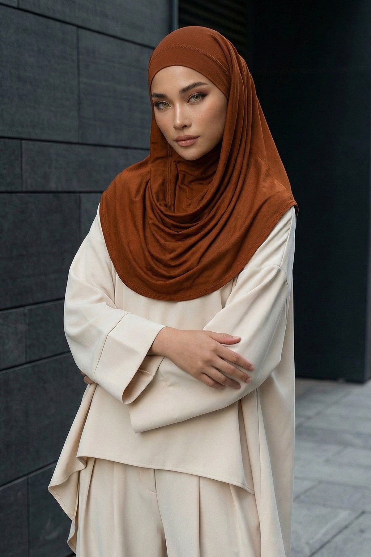 Neck-Covering Jersey Hijab with Built-In Niqab and Undercap, Premium Jersey Hijab with Integrated Bonnet and Face Veil,PS-58 Tile Red