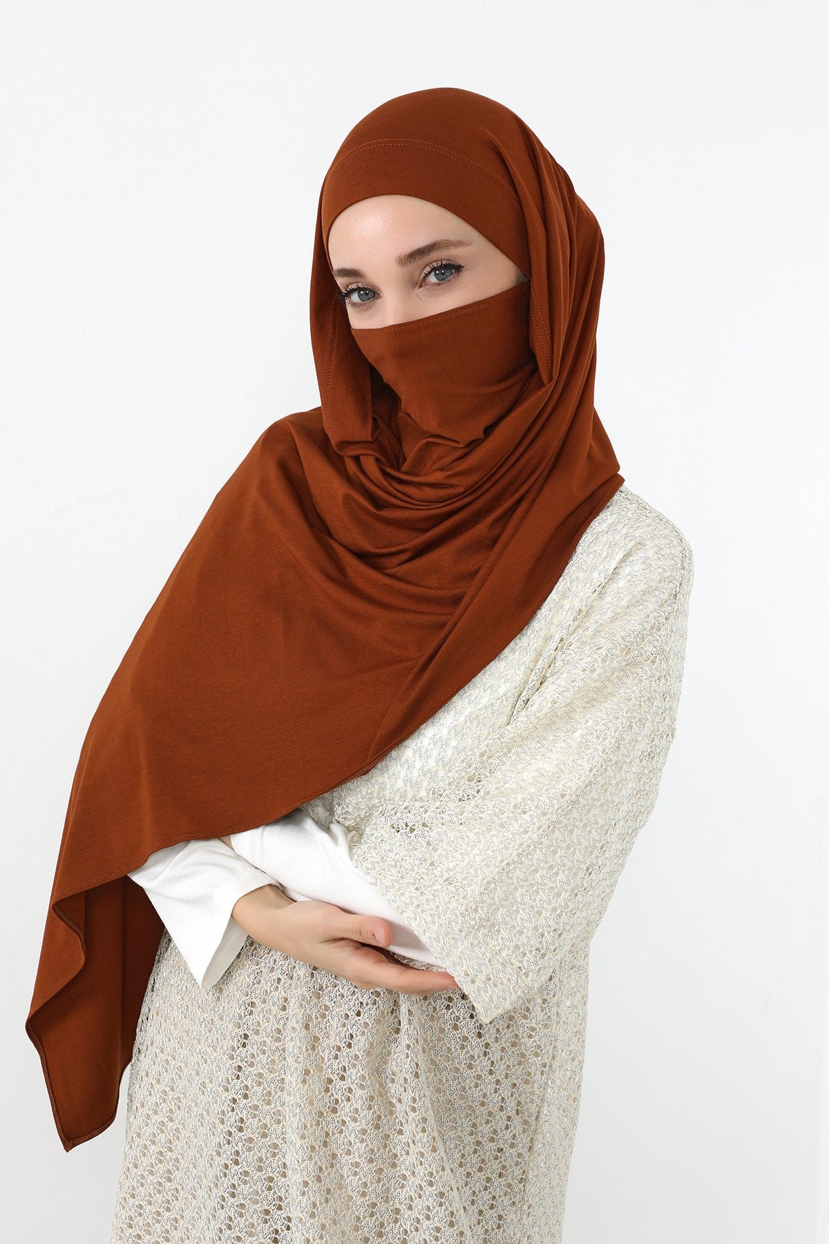 Neck-Covering Jersey Hijab with Built-In Niqab and Undercap, Premium Jersey Hijab with Integrated Bonnet and Face Veil,PS-58 Tile Red