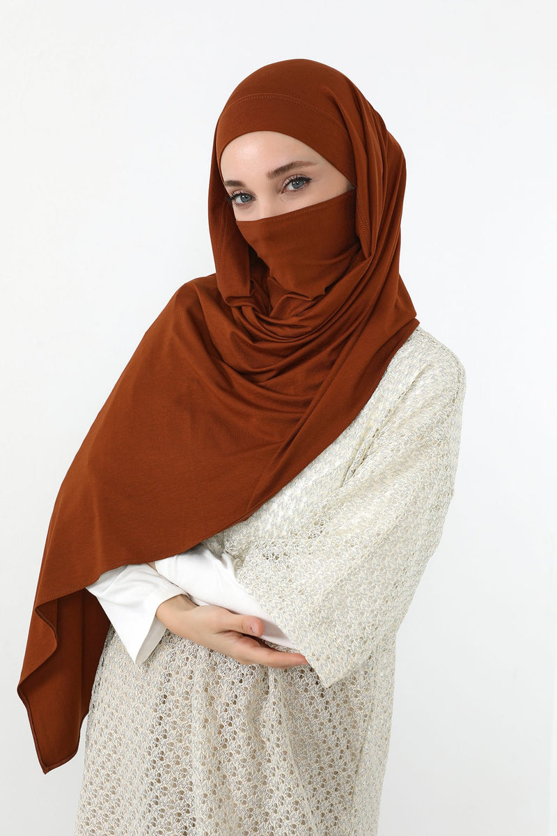 Neck-Covering Jersey Hijab with Built-In Niqab and Undercap, Premium Jersey Hijab with Integrated Bonnet and Face Veil,PS-58