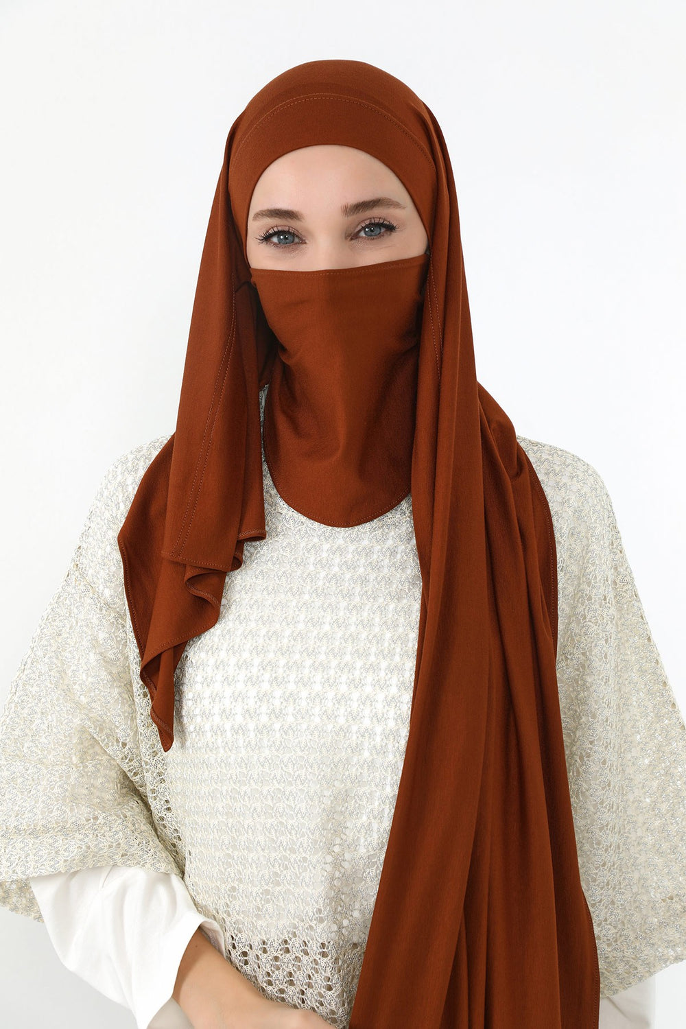 Neck-Covering Jersey Hijab with Built-In Niqab and Undercap, Premium Jersey Hijab with Integrated Bonnet and Face Veil,PS-58 Tile Red