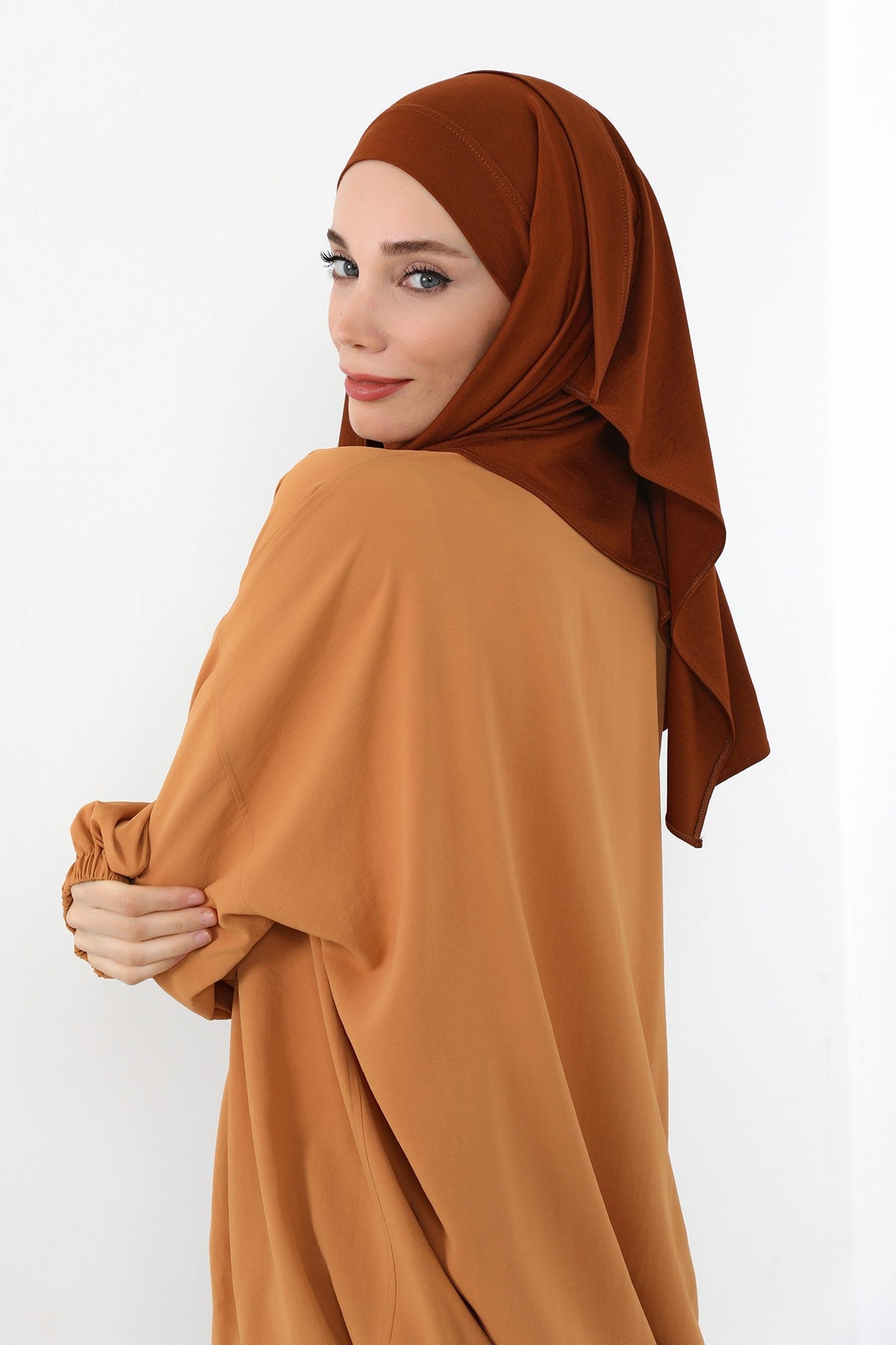Neck-Covering Jersey Hijab with Built-In Niqab and Undercap, Premium Jersey Hijab with Integrated Bonnet and Face Veil,PS-58 Tile Red