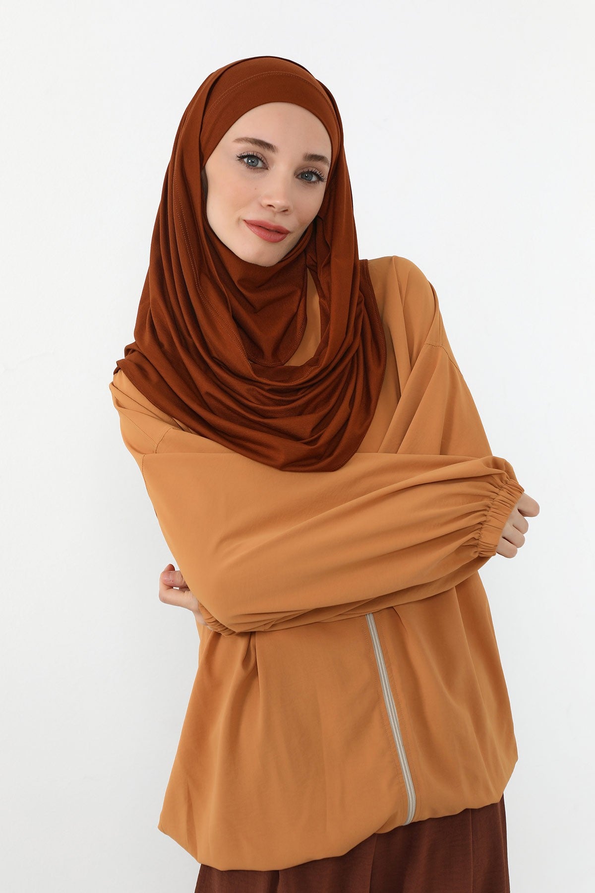 Neck-Covering Jersey Hijab with Built-In Niqab and Undercap, Premium Jersey Hijab with Integrated Bonnet and Face Veil,PS-58 Tile Red