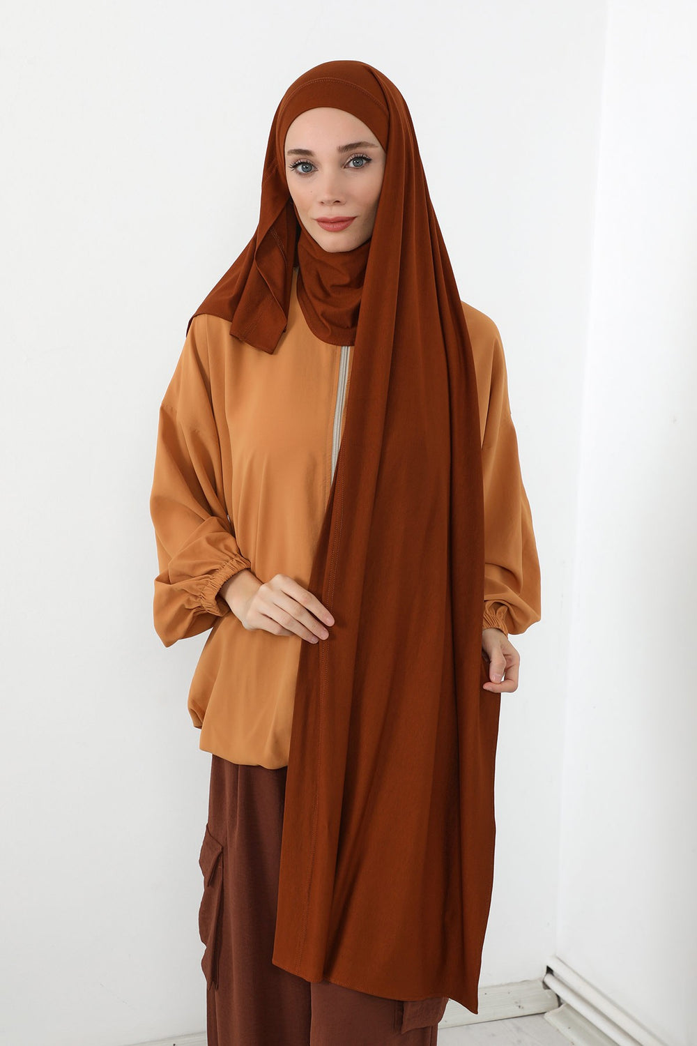 Neck-Covering Jersey Hijab with Built-In Niqab and Undercap, Premium Jersey Hijab with Integrated Bonnet and Face Veil,PS-58 Tile Red