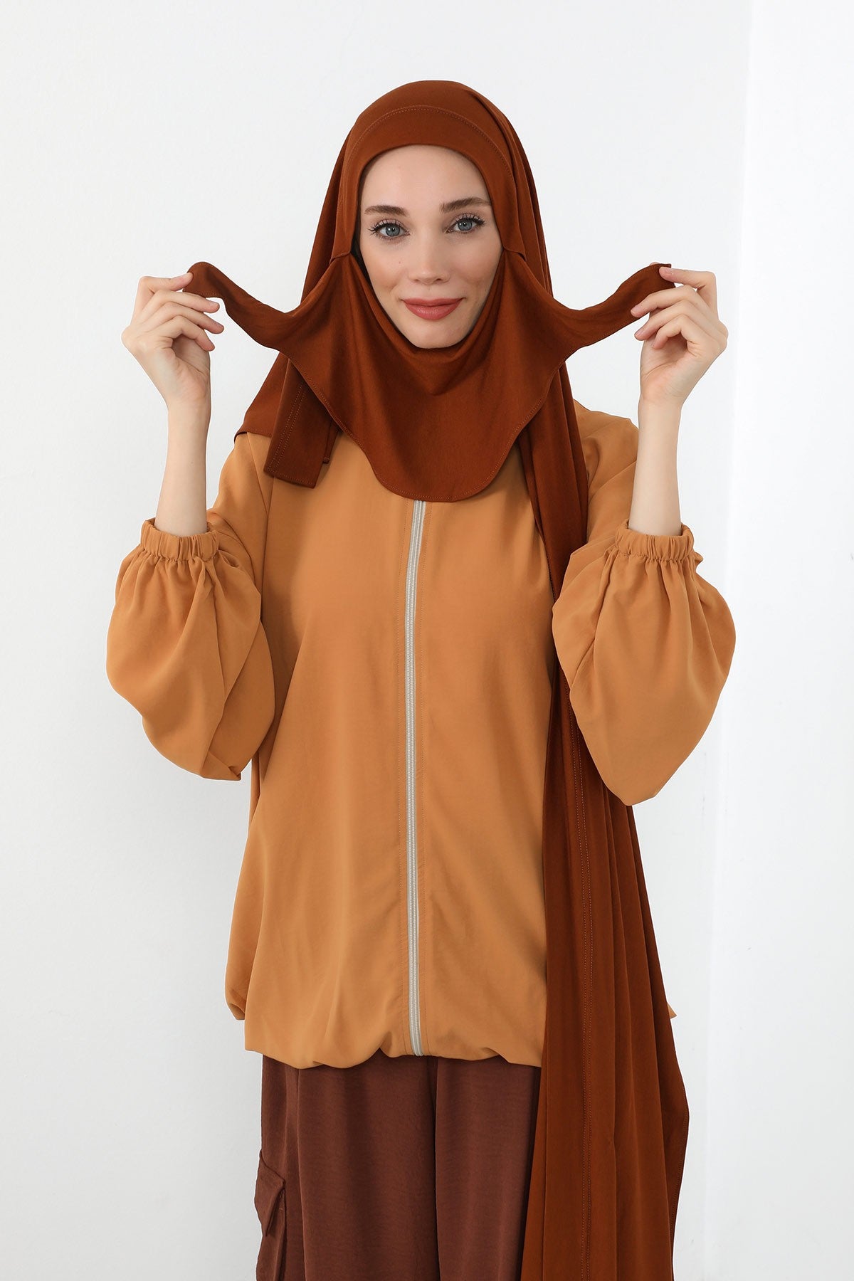 Neck-Covering Jersey Hijab with Built-In Niqab and Undercap, Premium Jersey Hijab with Integrated Bonnet and Face Veil,PS-58 Tile Red