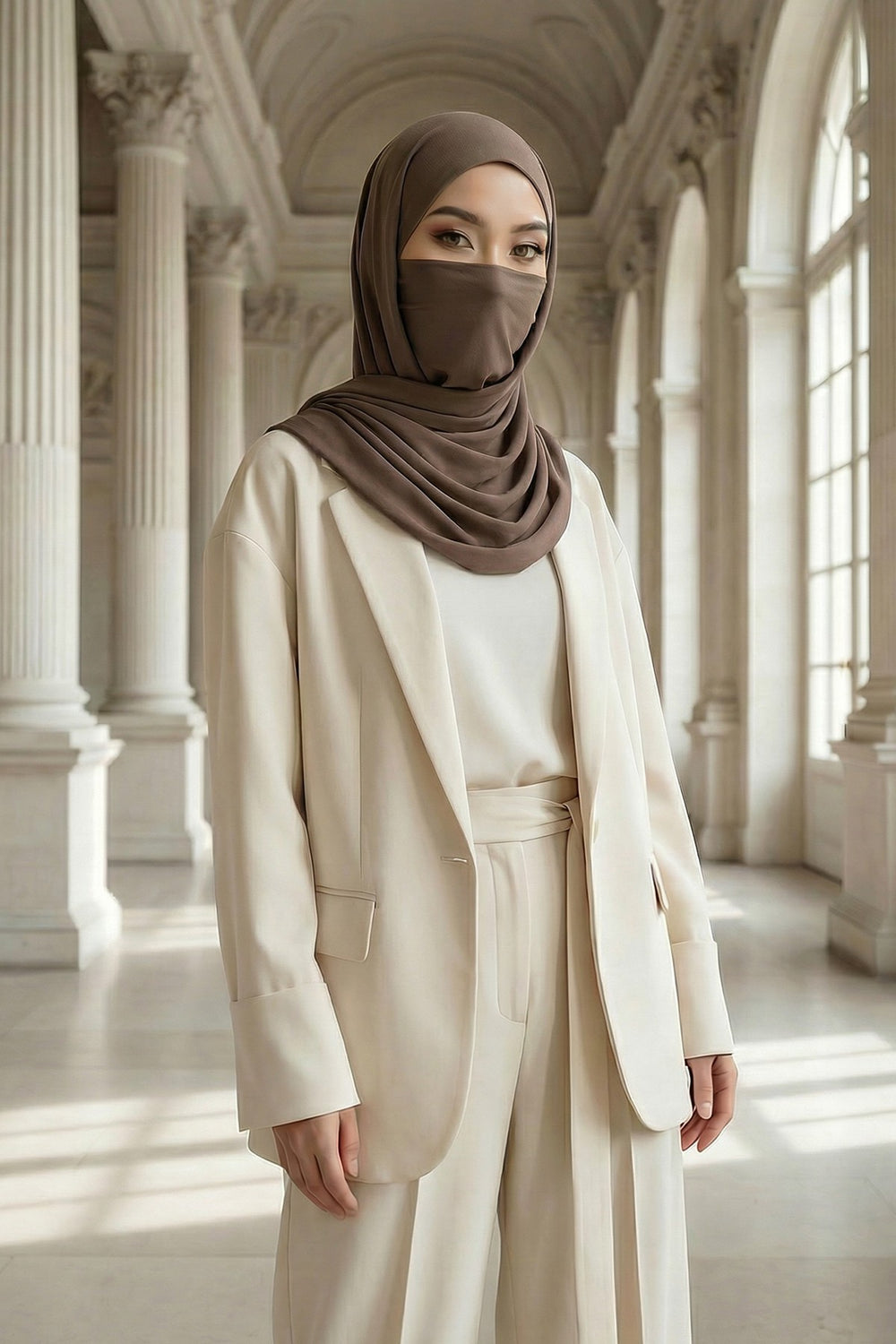 Neck-Covering Jersey Hijab with Built-In Niqab and Undercap, Premium Jersey Hijab with Integrated Bonnet and Face Veil,PS-58 Chocolate