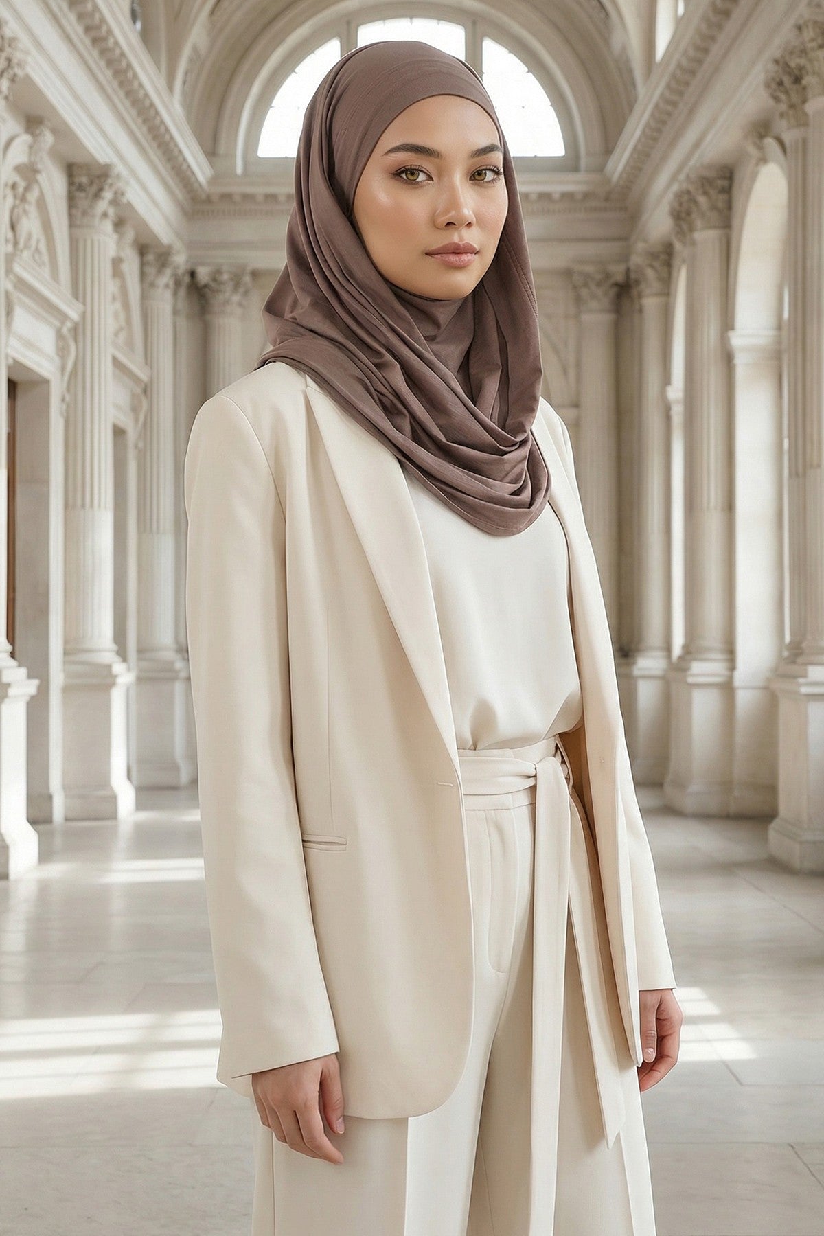 Neck-Covering Jersey Hijab with Built-In Niqab and Undercap, Premium Jersey Hijab with Integrated Bonnet and Face Veil,PS-58 Chocolate