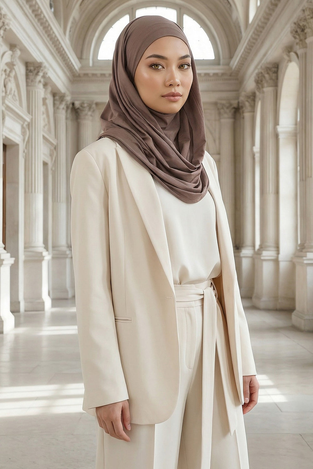 Neck-Covering Jersey Hijab with Built-In Niqab and Undercap, Premium Jersey Hijab with Integrated Bonnet and Face Veil,PS-58 Chocolate