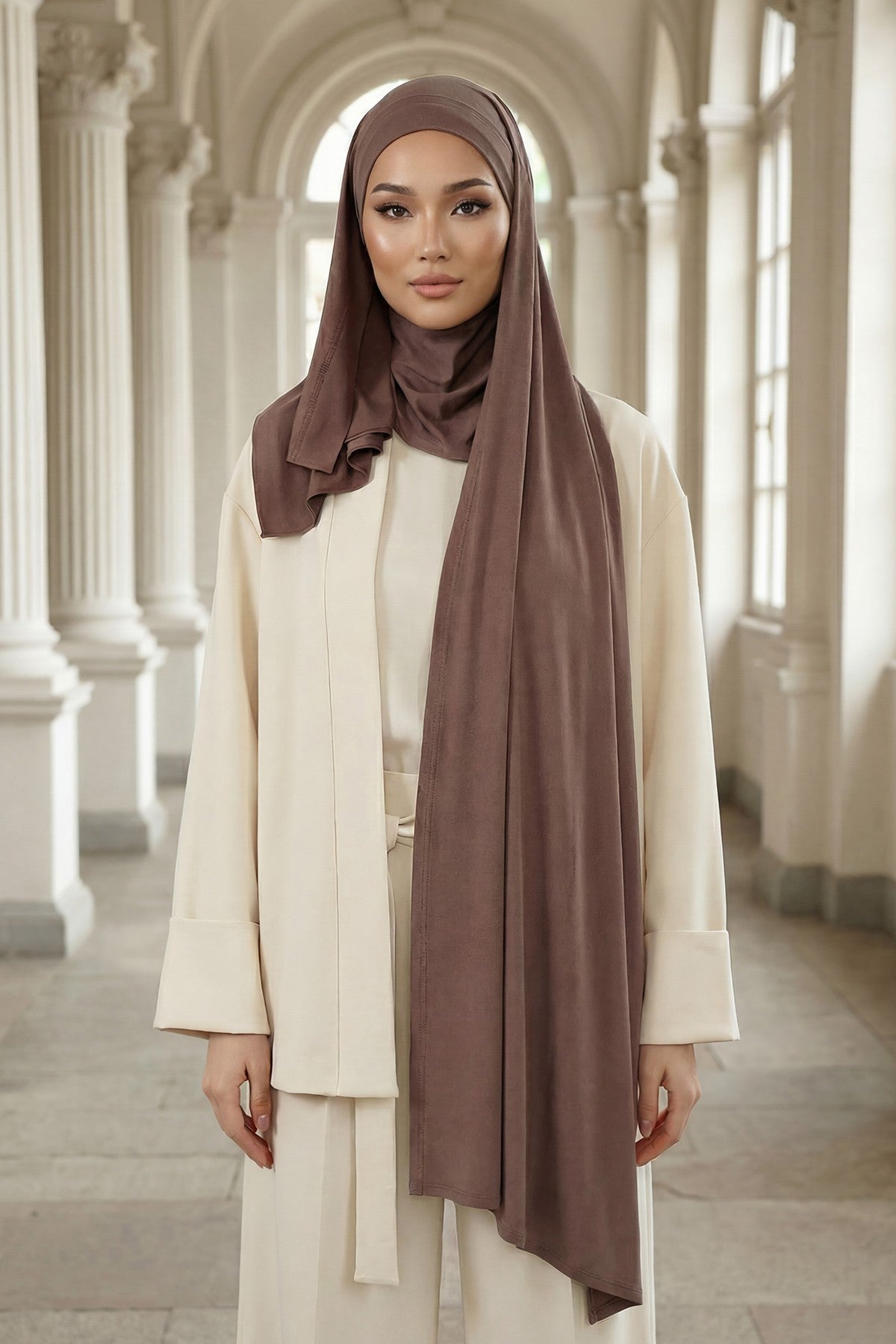 Neck-Covering Jersey Hijab with Built-In Niqab and Undercap, Premium Jersey Hijab with Integrated Bonnet and Face Veil,PS-58 Chocolate