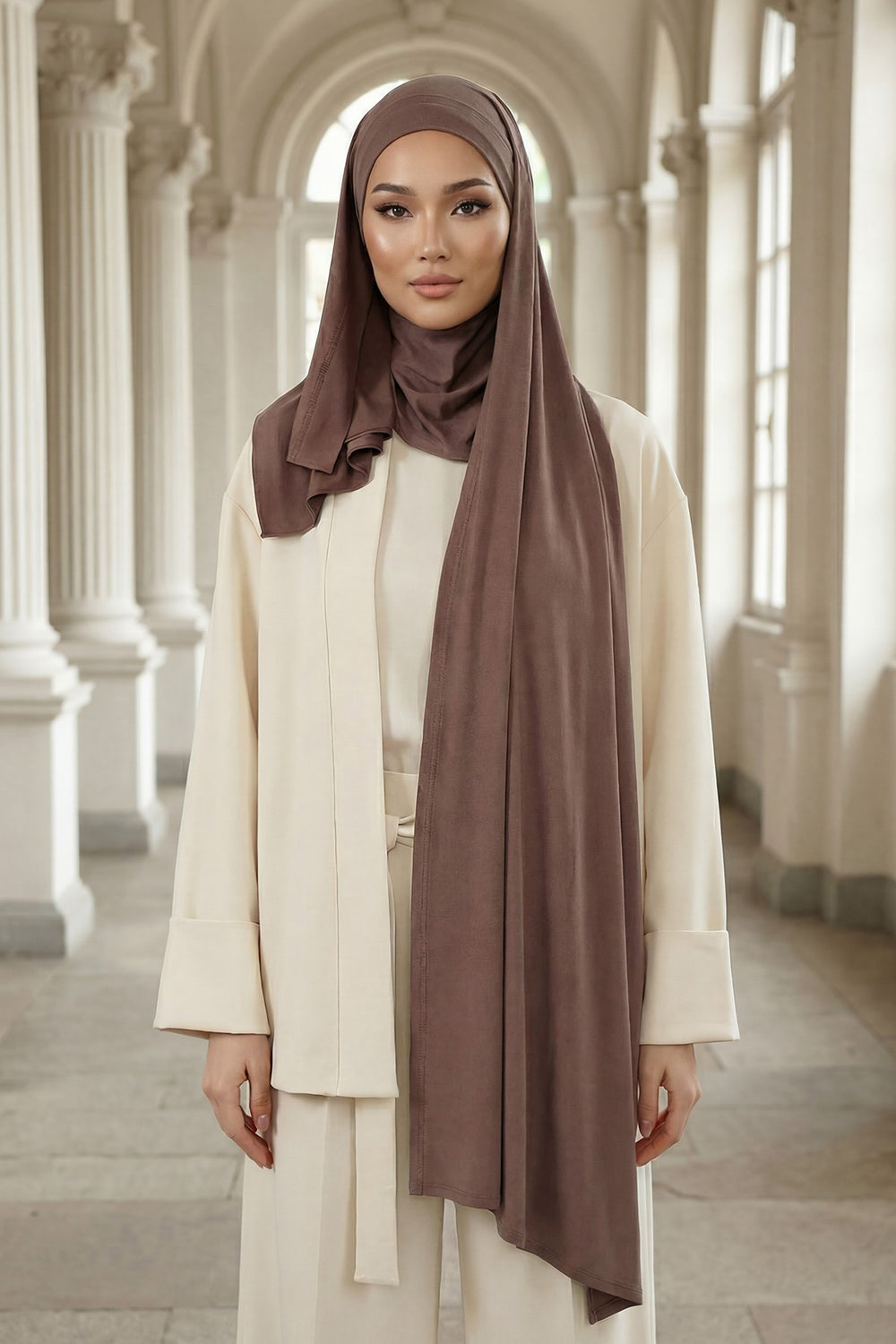 Neck-Covering Jersey Hijab with Built-In Niqab and Undercap, Premium Jersey Hijab with Integrated Bonnet and Face Veil,PS-58 Chocolate