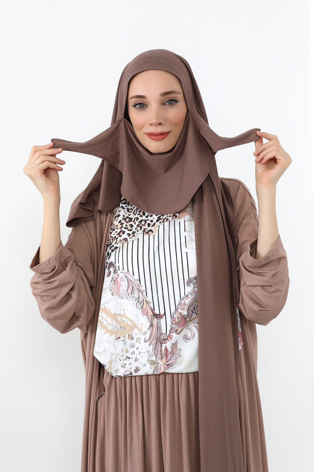 Neck-Covering Jersey Hijab with Built-In Niqab and Undercap, Premium Jersey Hijab with Integrated Bonnet and Face Veil,PS-58 Chocolate