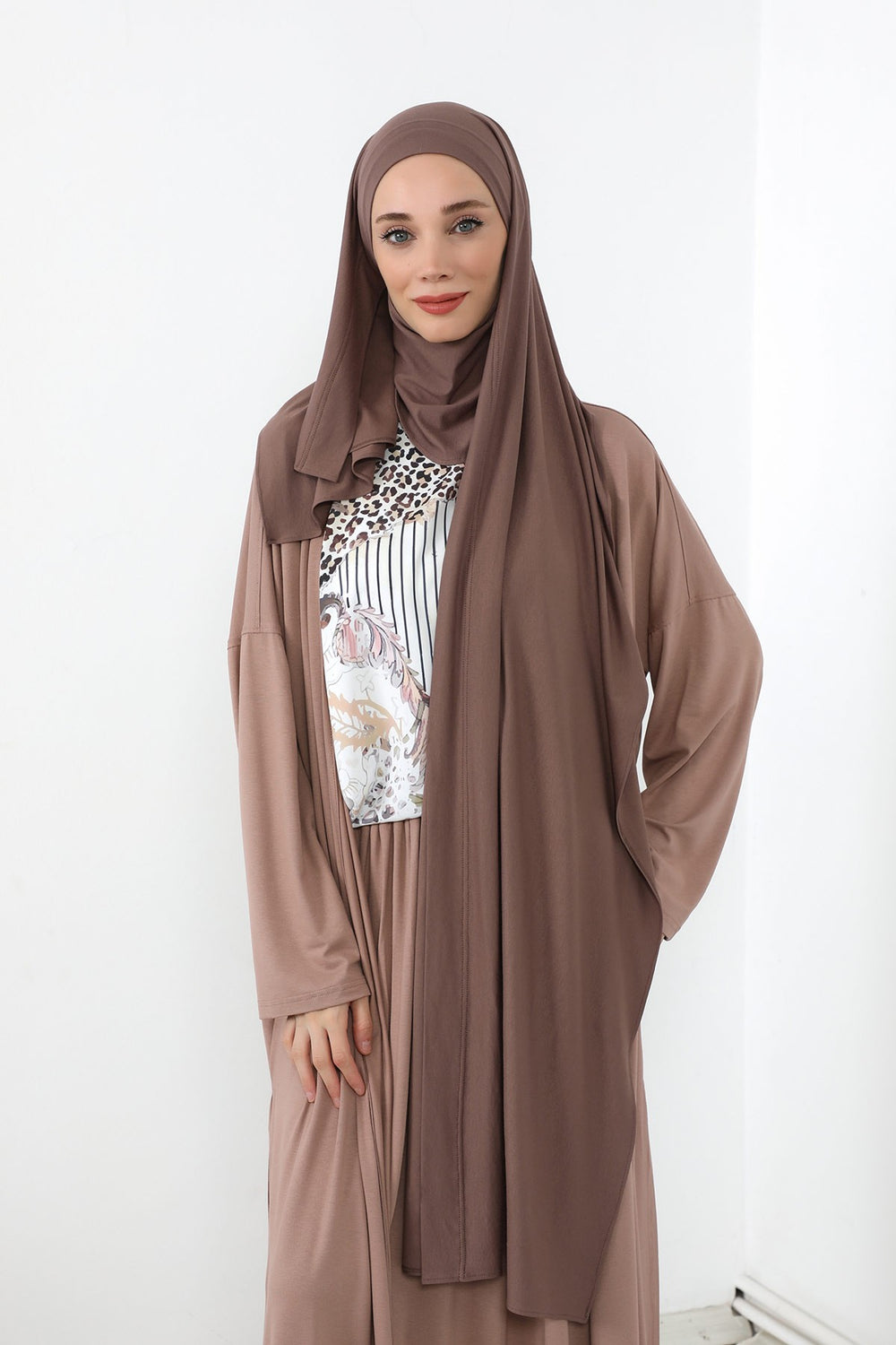 Neck-Covering Jersey Hijab with Built-In Niqab and Undercap, Premium Jersey Hijab with Integrated Bonnet and Face Veil,PS-58 Chocolate
