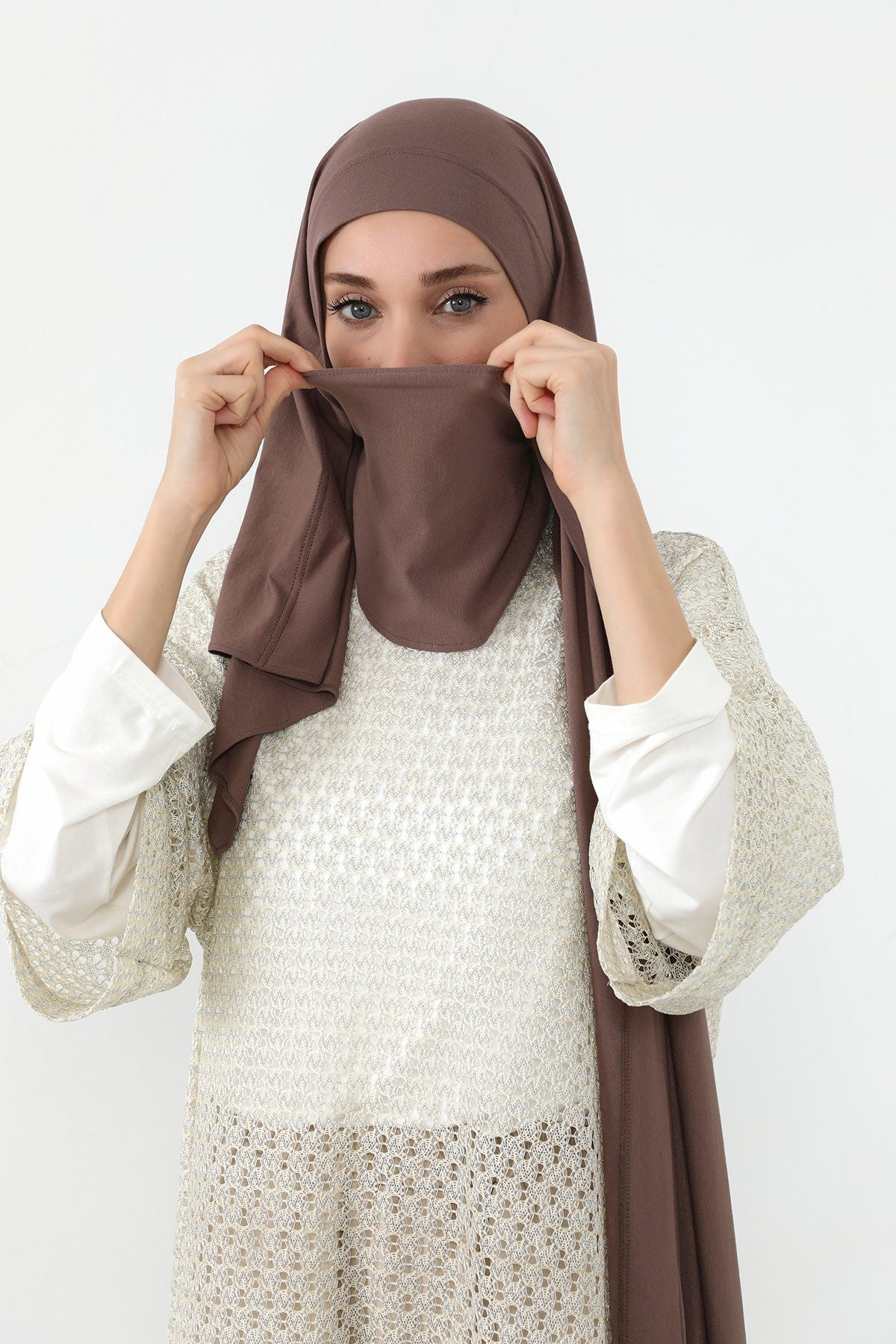 Neck-Covering Jersey Hijab with Built-In Niqab and Undercap, Premium Jersey Hijab with Integrated Bonnet and Face Veil,PS-58 Chocolate