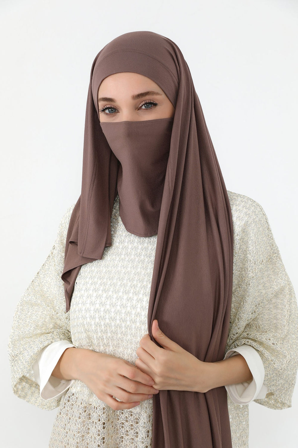 Neck-Covering Jersey Hijab with Built-In Niqab and Undercap, Premium Jersey Hijab with Integrated Bonnet and Face Veil,PS-58 Chocolate