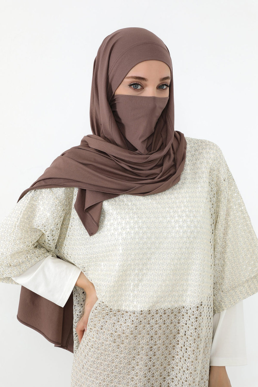 Neck-Covering Jersey Hijab with Built-In Niqab and Undercap, Premium Jersey Hijab with Integrated Bonnet and Face Veil,PS-58 Chocolate